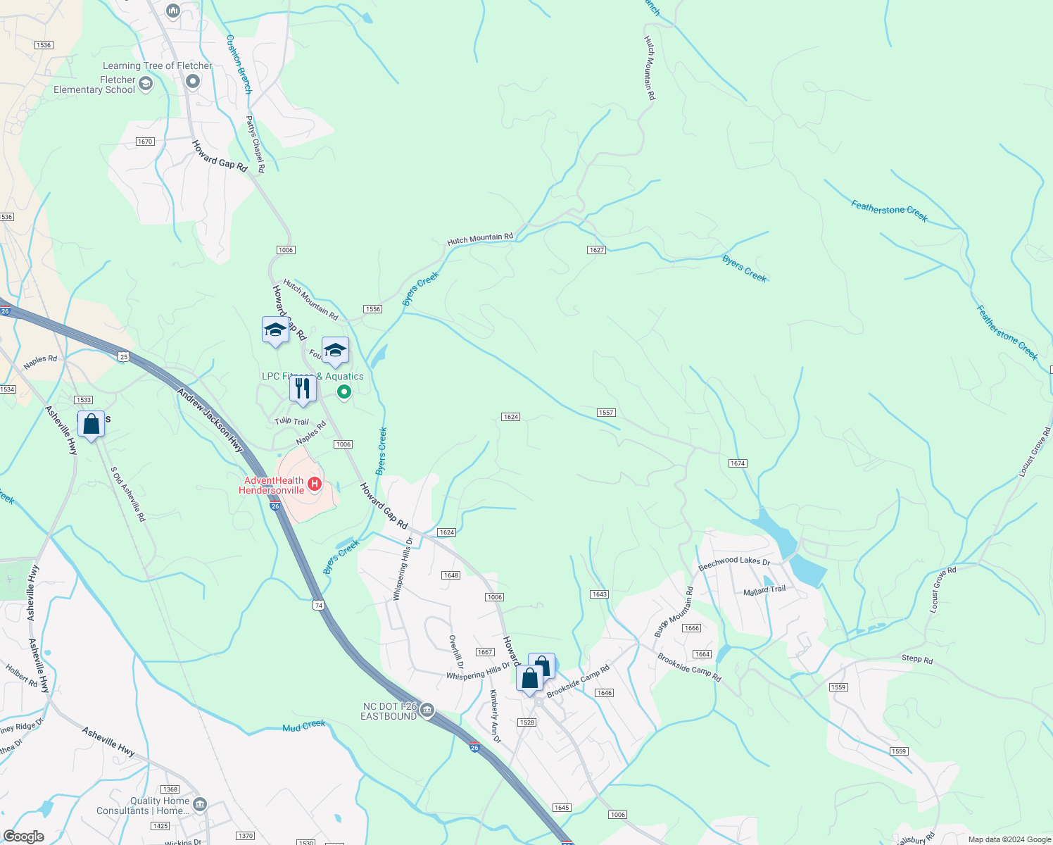 map of restaurants, bars, coffee shops, grocery stores, and more near 240 Baton Lane in Hendersonville
