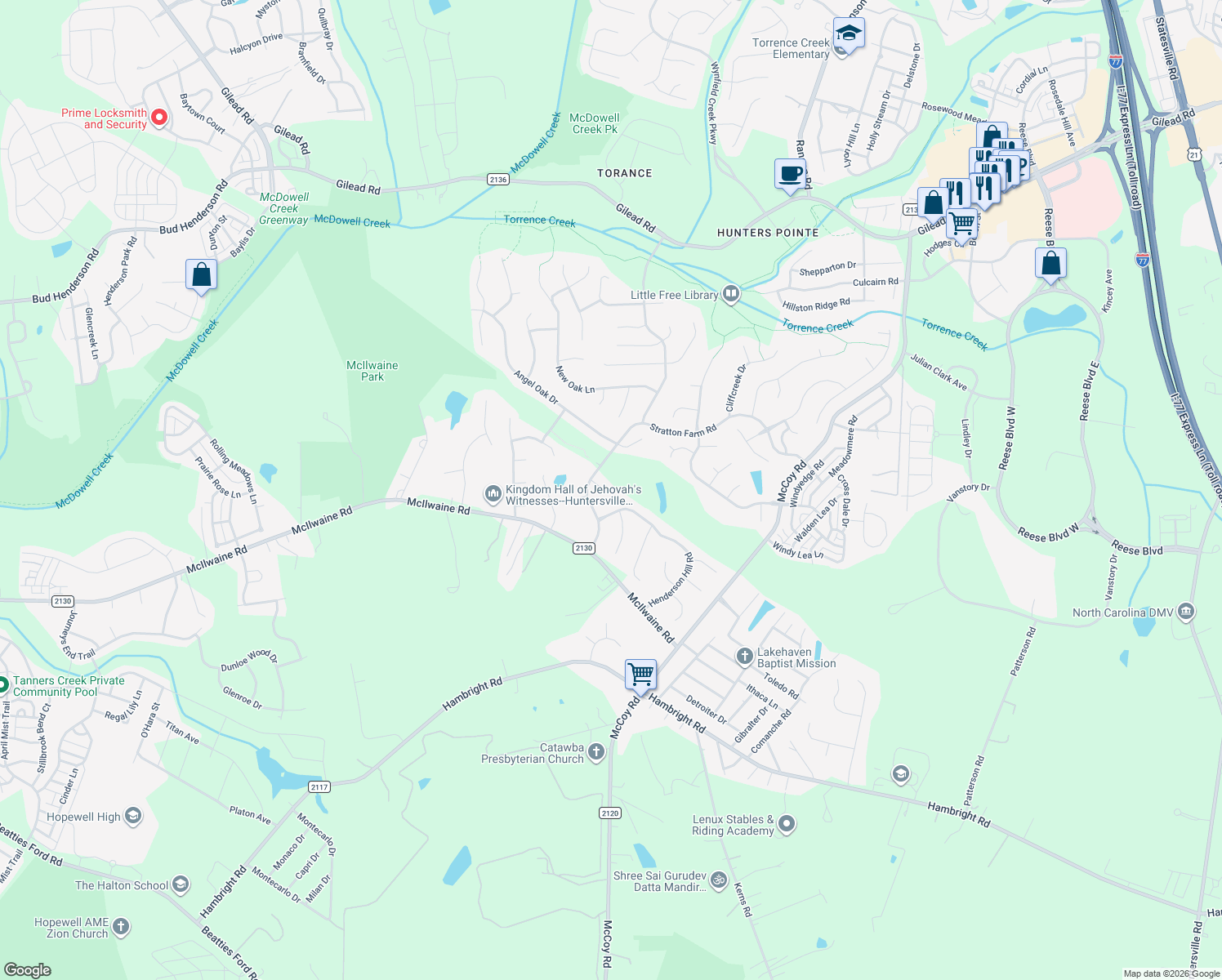 map of restaurants, bars, coffee shops, grocery stores, and more near 12400 Locust Grove Lane in Huntersville