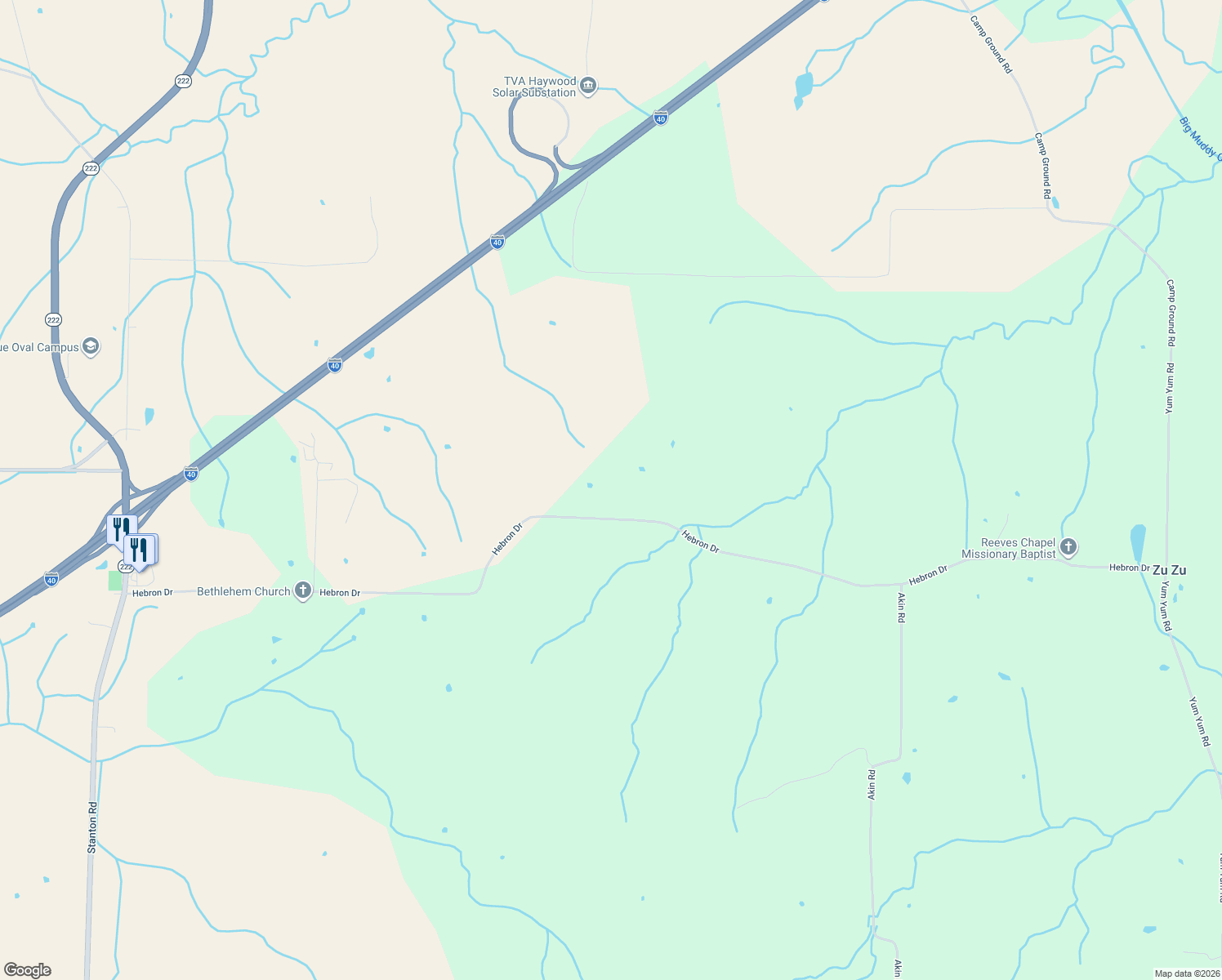 map of restaurants, bars, coffee shops, grocery stores, and more near 1575 Hebron Drive in Stanton