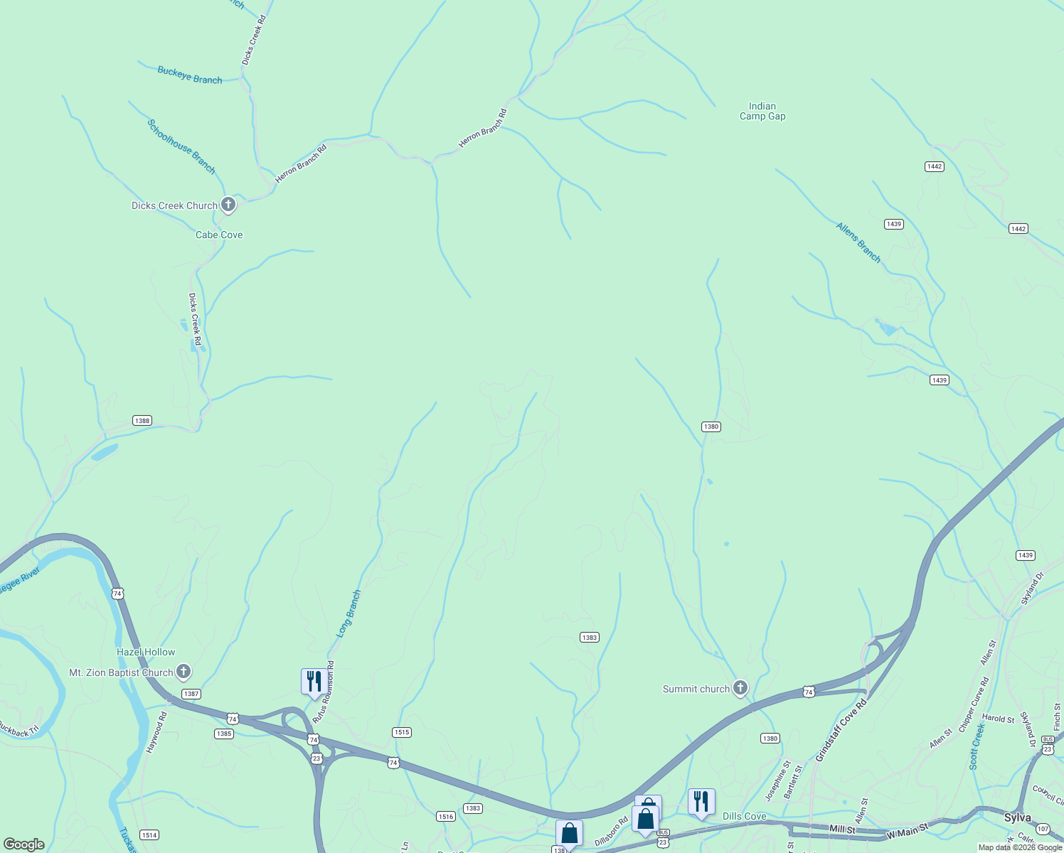 map of restaurants, bars, coffee shops, grocery stores, and more near 32 Montana Drive in Sylva