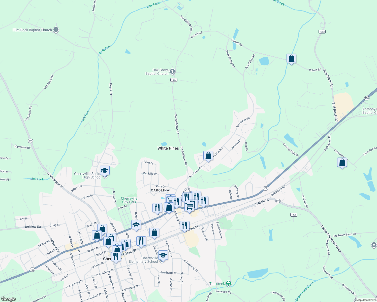 map of restaurants, bars, coffee shops, grocery stores, and more near 218 Tot Dellinger Road in Cherryville