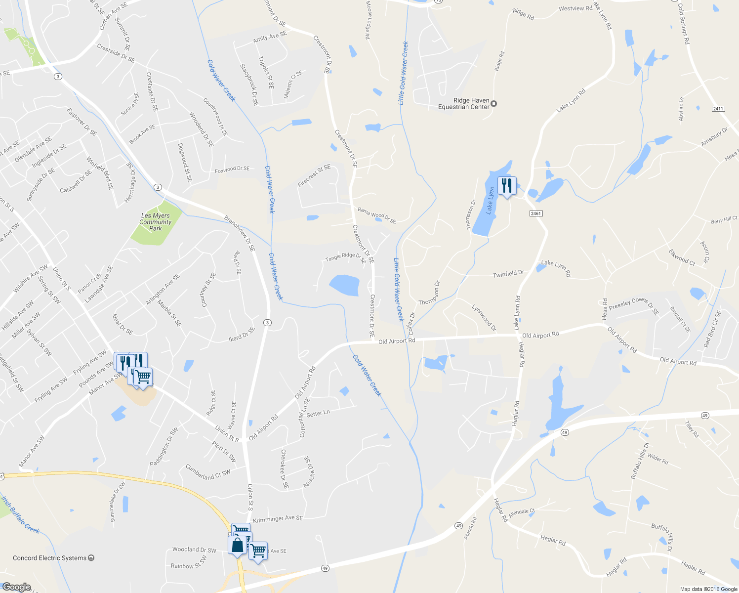 map of restaurants, bars, coffee shops, grocery stores, and more near 1162 Crestmont Drive Southeast in Concord