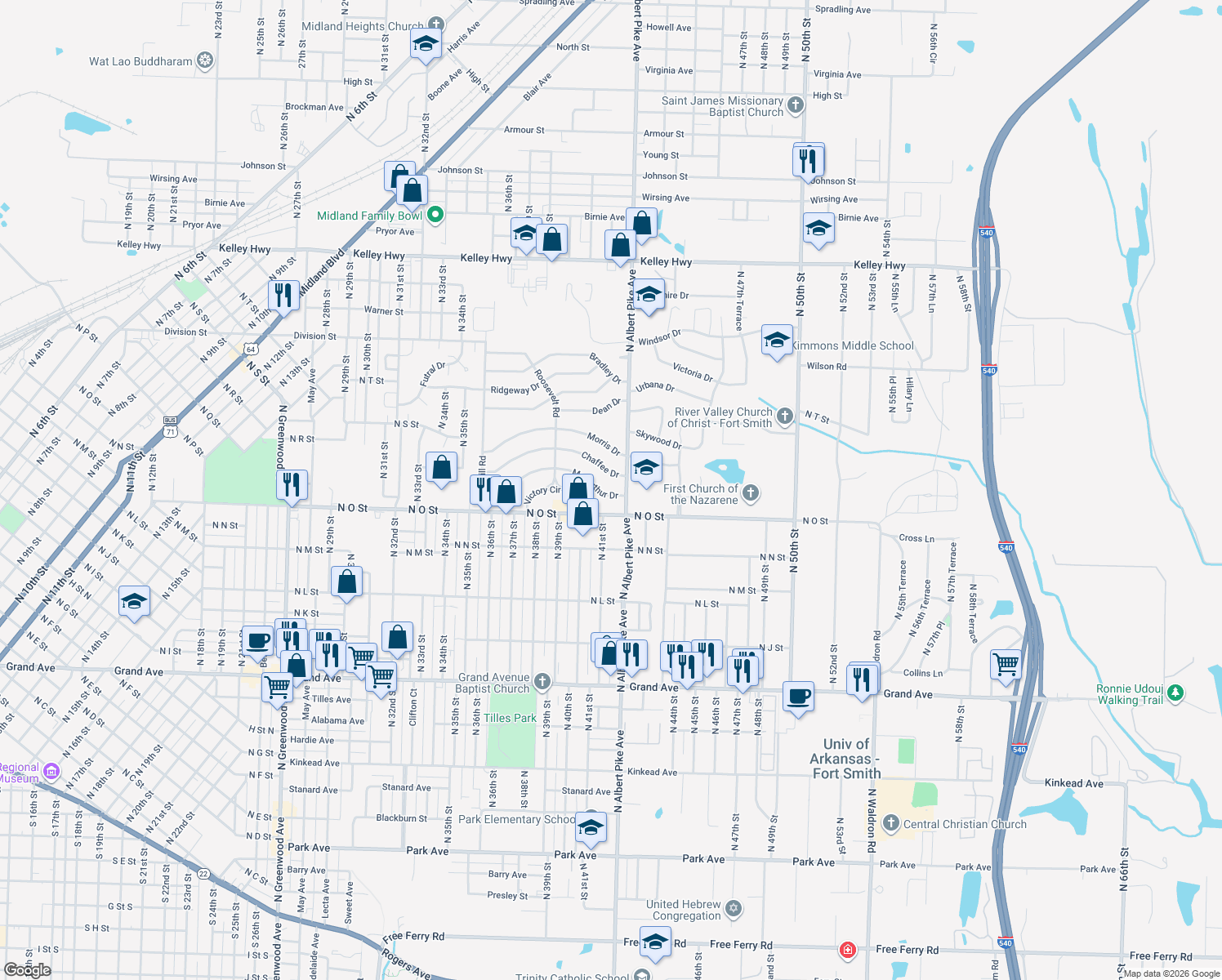 map of restaurants, bars, coffee shops, grocery stores, and more near 4105 Macarthur Drive in Fort Smith