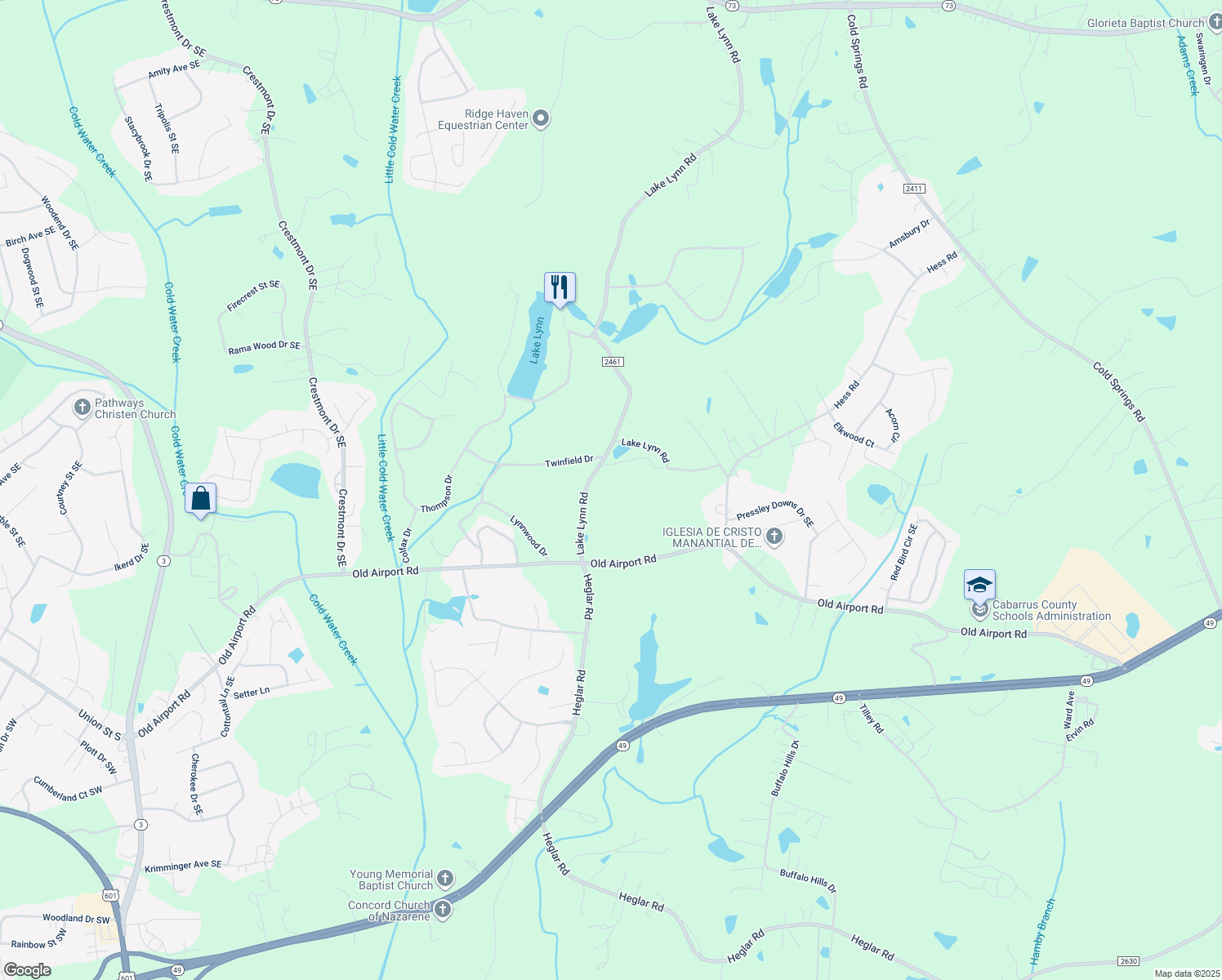 map of restaurants, bars, coffee shops, grocery stores, and more near 1579 Lake Lynn Road in Concord