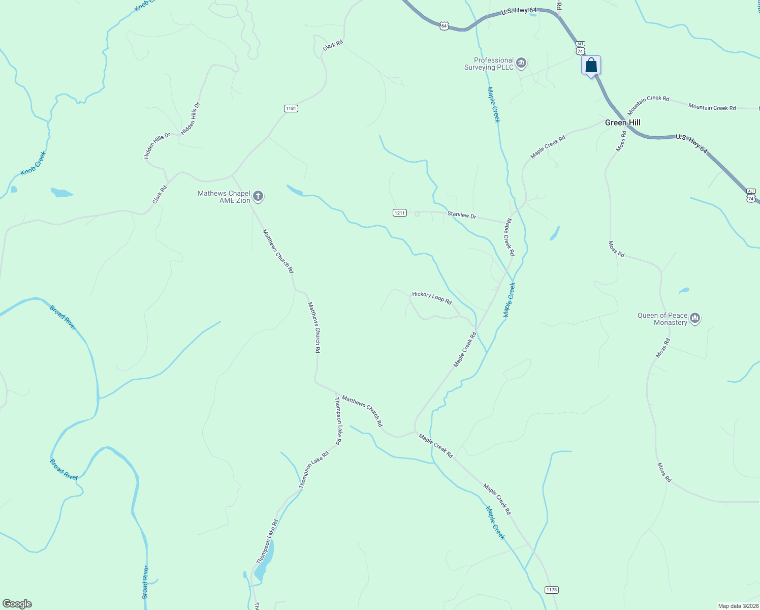 map of restaurants, bars, coffee shops, grocery stores, and more near 198 Amberwood Place in Rutherfordton