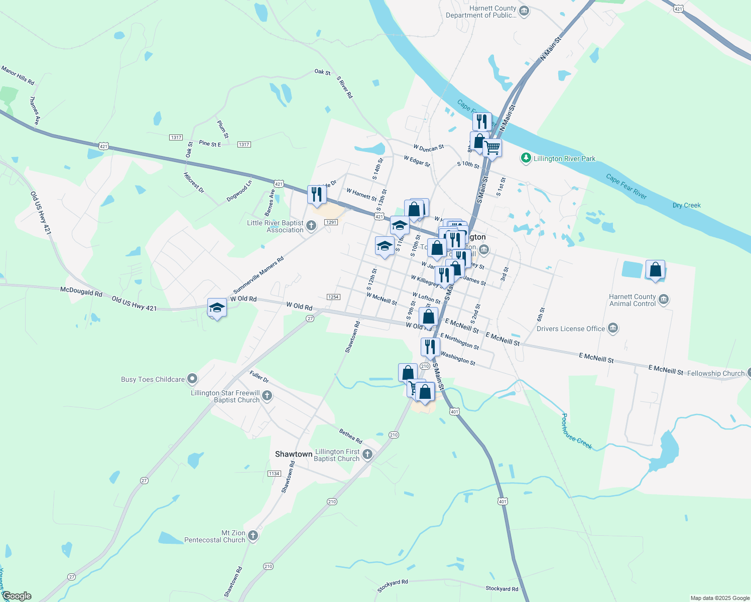 map of restaurants, bars, coffee shops, grocery stores, and more near 403 West McNeill Street in Lillington
