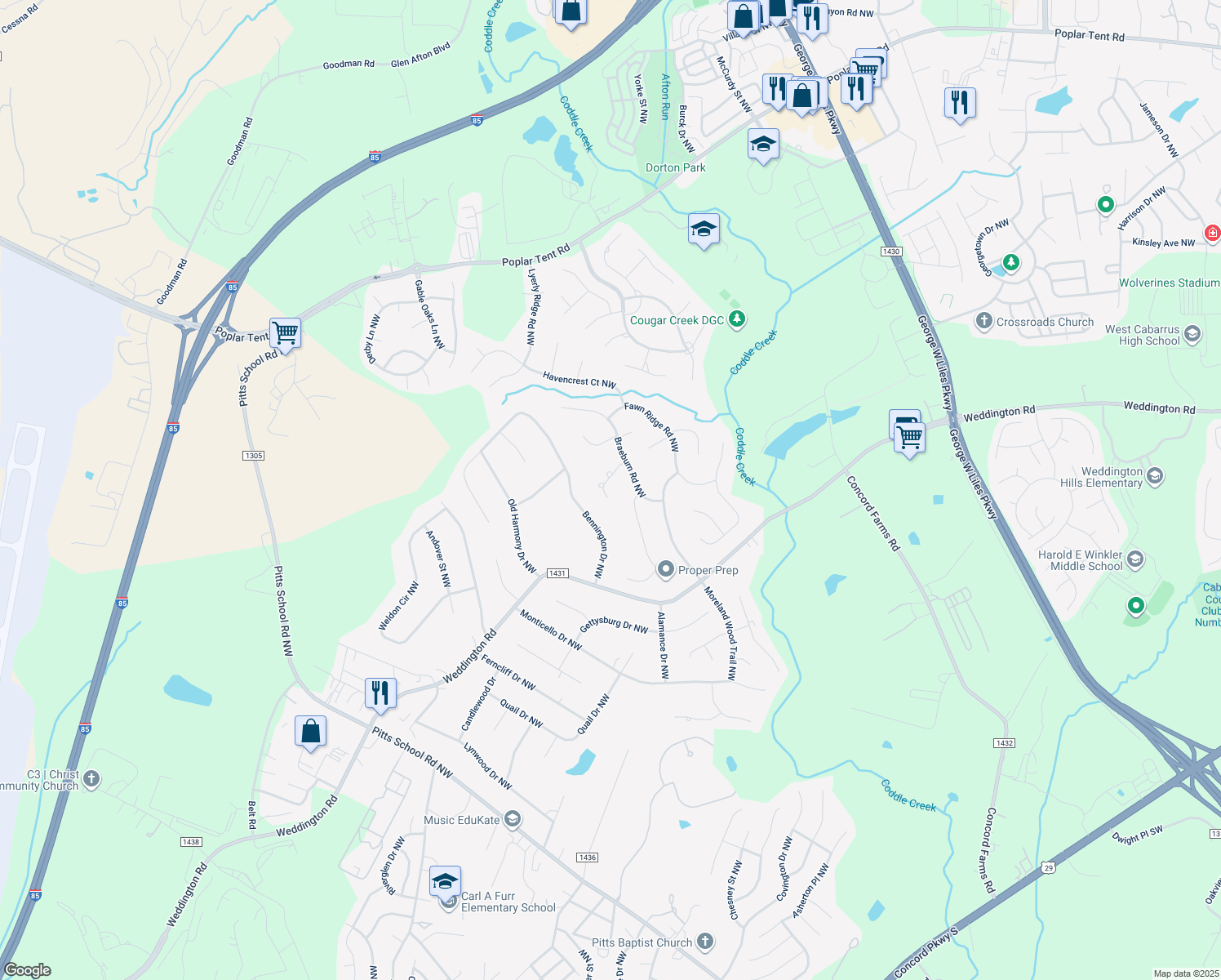 map of restaurants, bars, coffee shops, grocery stores, and more near 1403 Chalmers Court Northwest in Concord