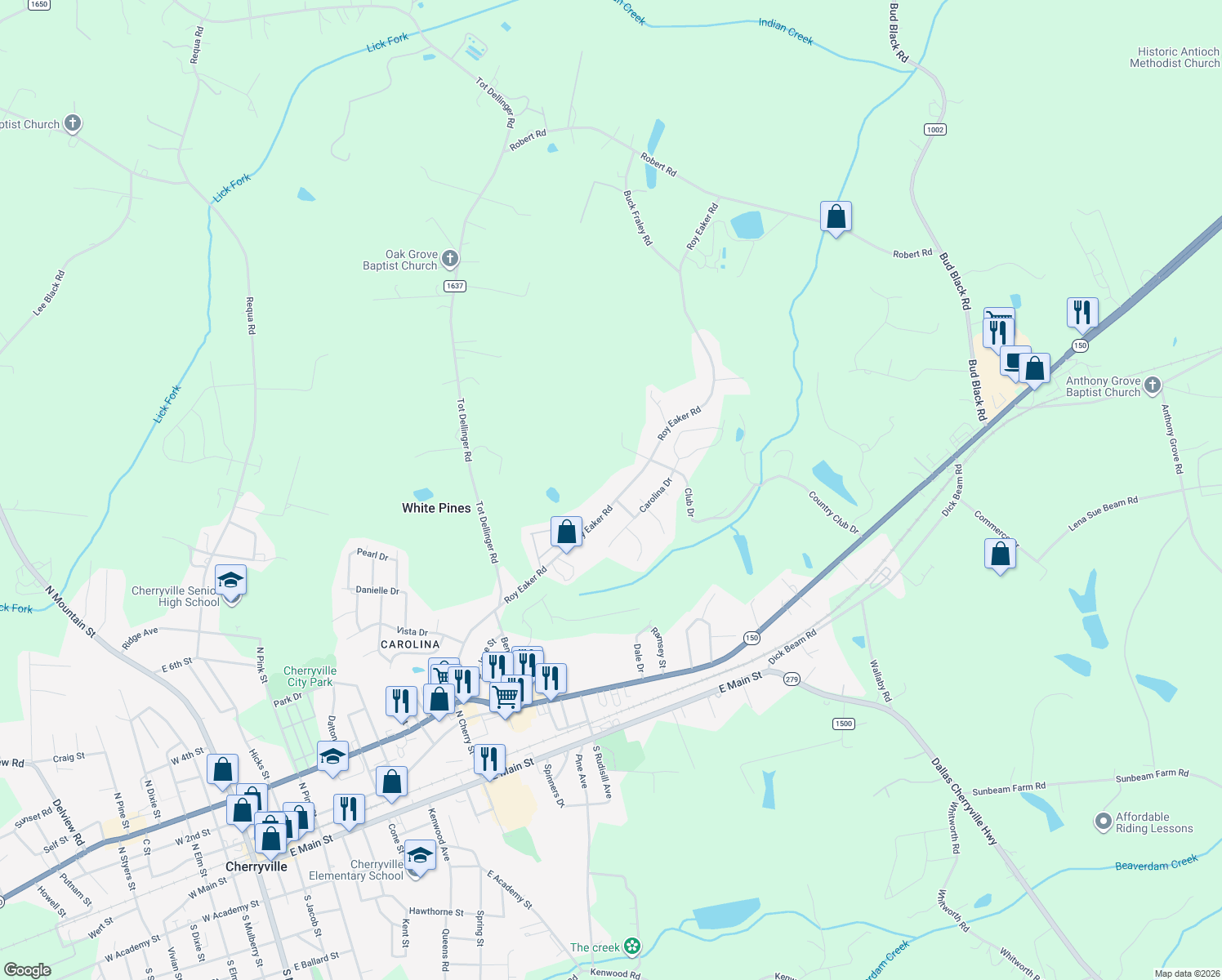 map of restaurants, bars, coffee shops, grocery stores, and more near 301 Roy Eaker Road in Cherryville