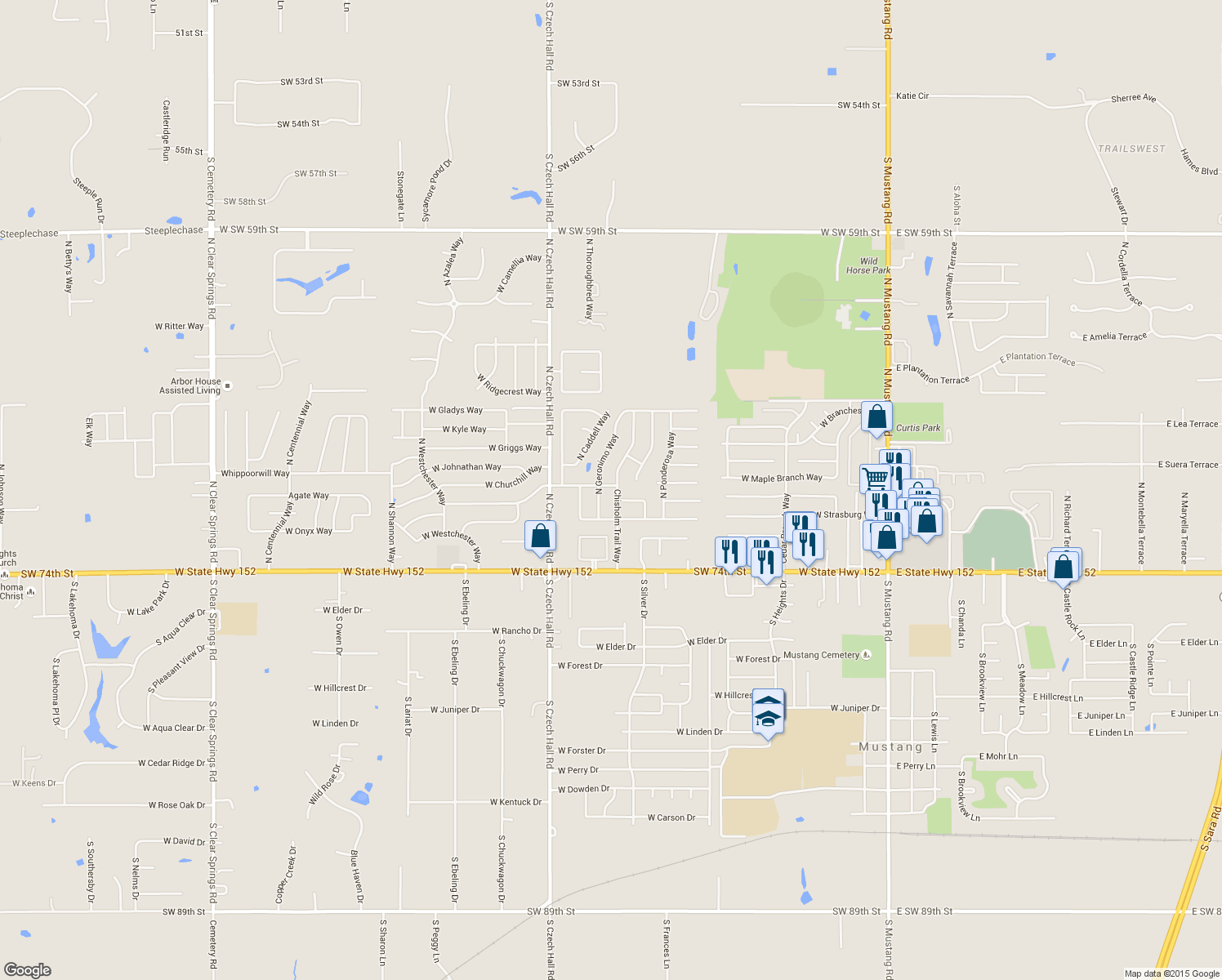 map of restaurants, bars, coffee shops, grocery stores, and more near 418 North Chisholm Trail Way in Mustang