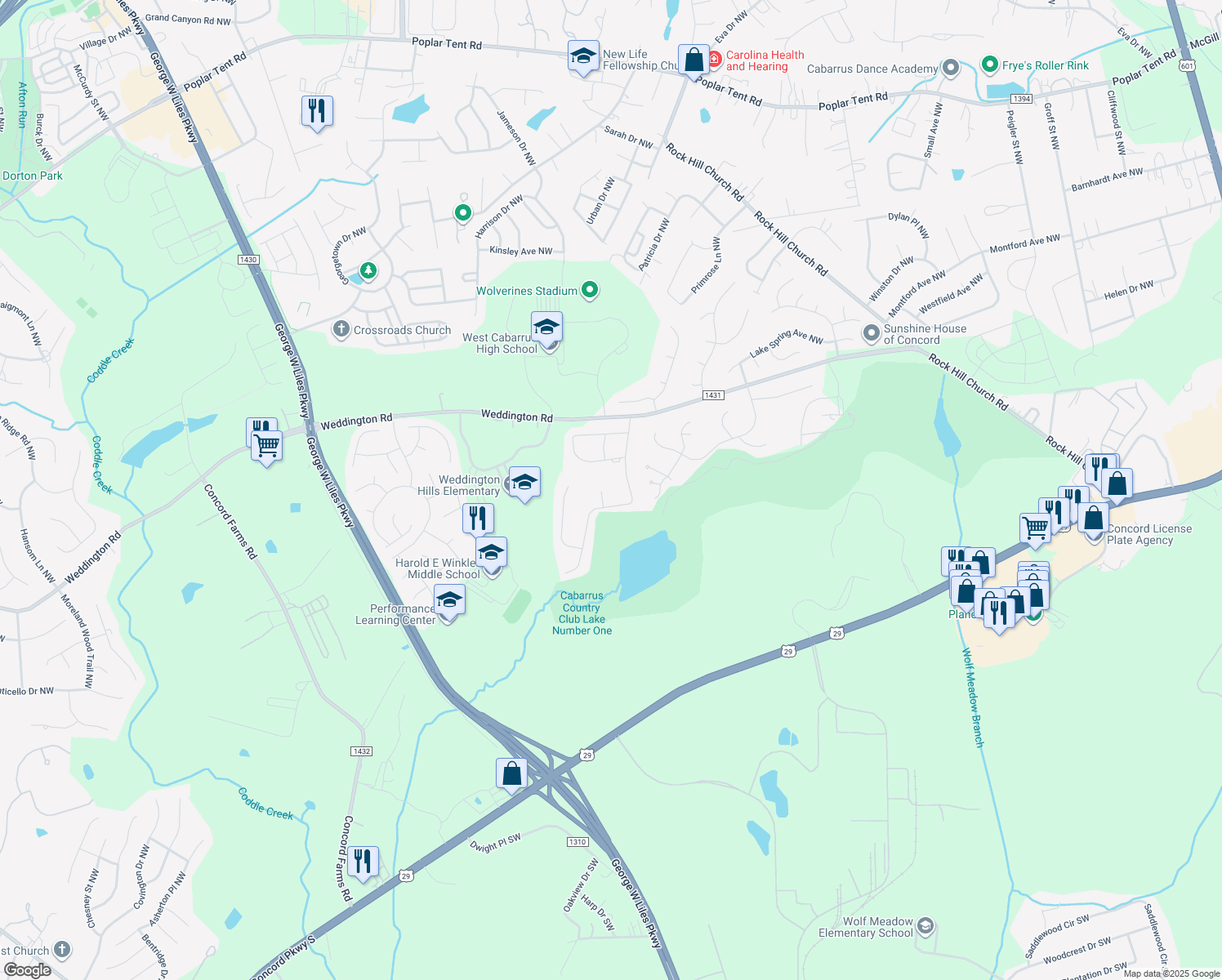 map of restaurants, bars, coffee shops, grocery stores, and more near 1320 Inverness Place Northwest in Concord