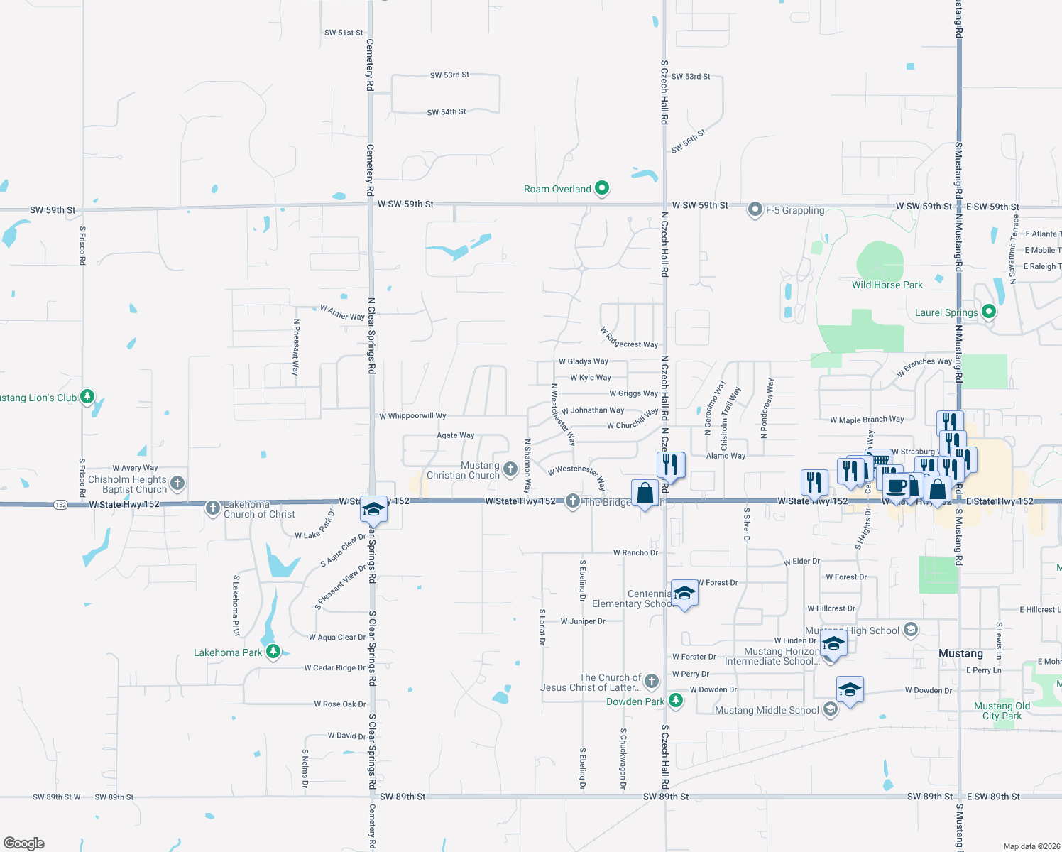 map of restaurants, bars, coffee shops, grocery stores, and more near 1233 West Johnathan Way in Mustang