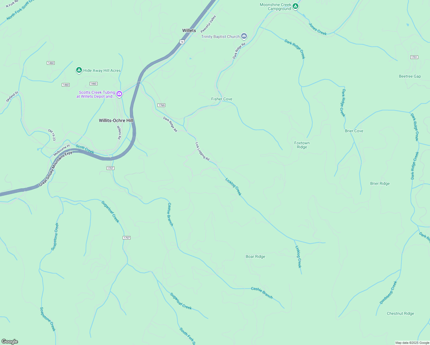 map of restaurants, bars, coffee shops, grocery stores, and more near 36 Double Top Trail in Sylva