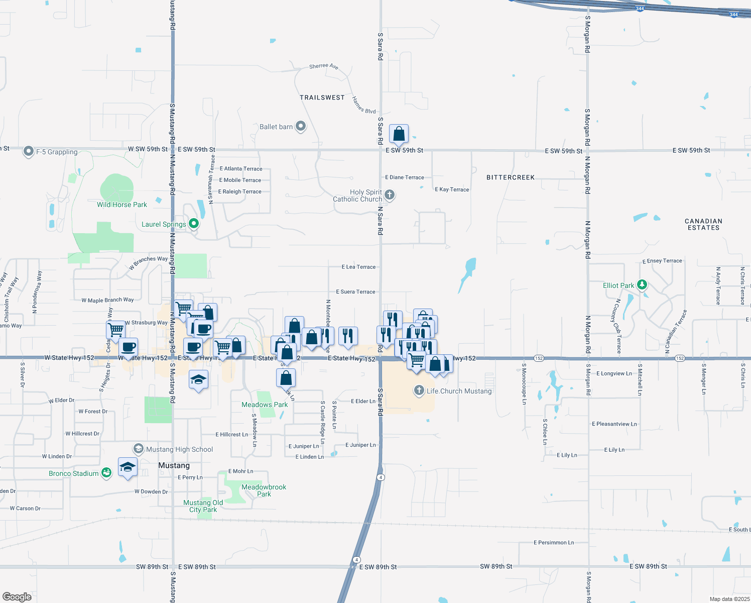 map of restaurants, bars, coffee shops, grocery stores, and more near 519 North Sara Road in Mustang
