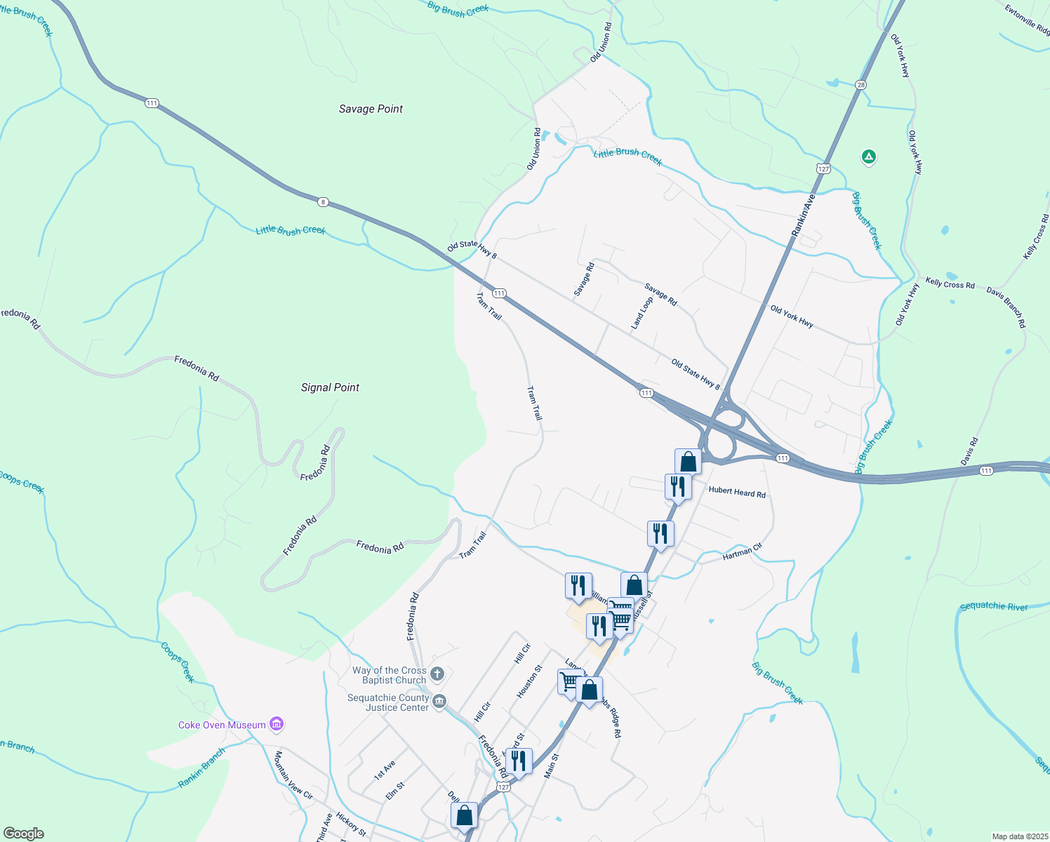 map of restaurants, bars, coffee shops, grocery stores, and more near 649 Tram Trail in Dunlap