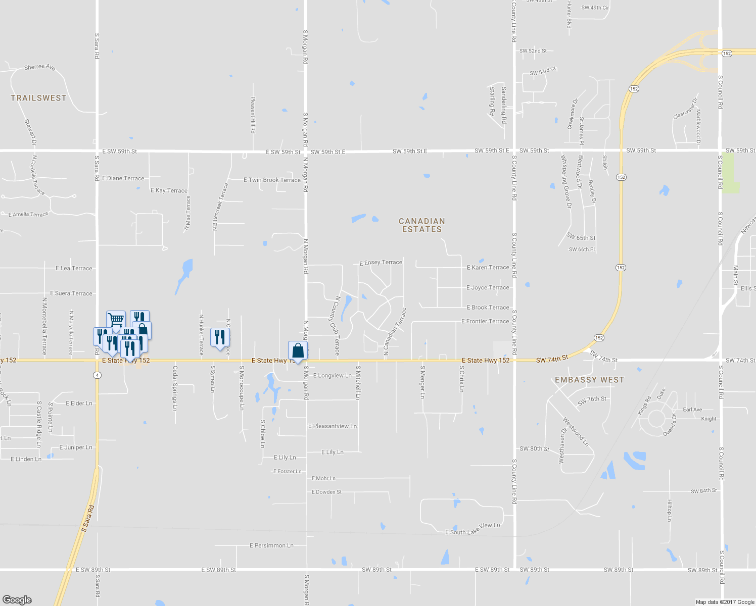 map of restaurants, bars, coffee shops, grocery stores, and more near 1939 East Willow Creek Terrace in Mustang