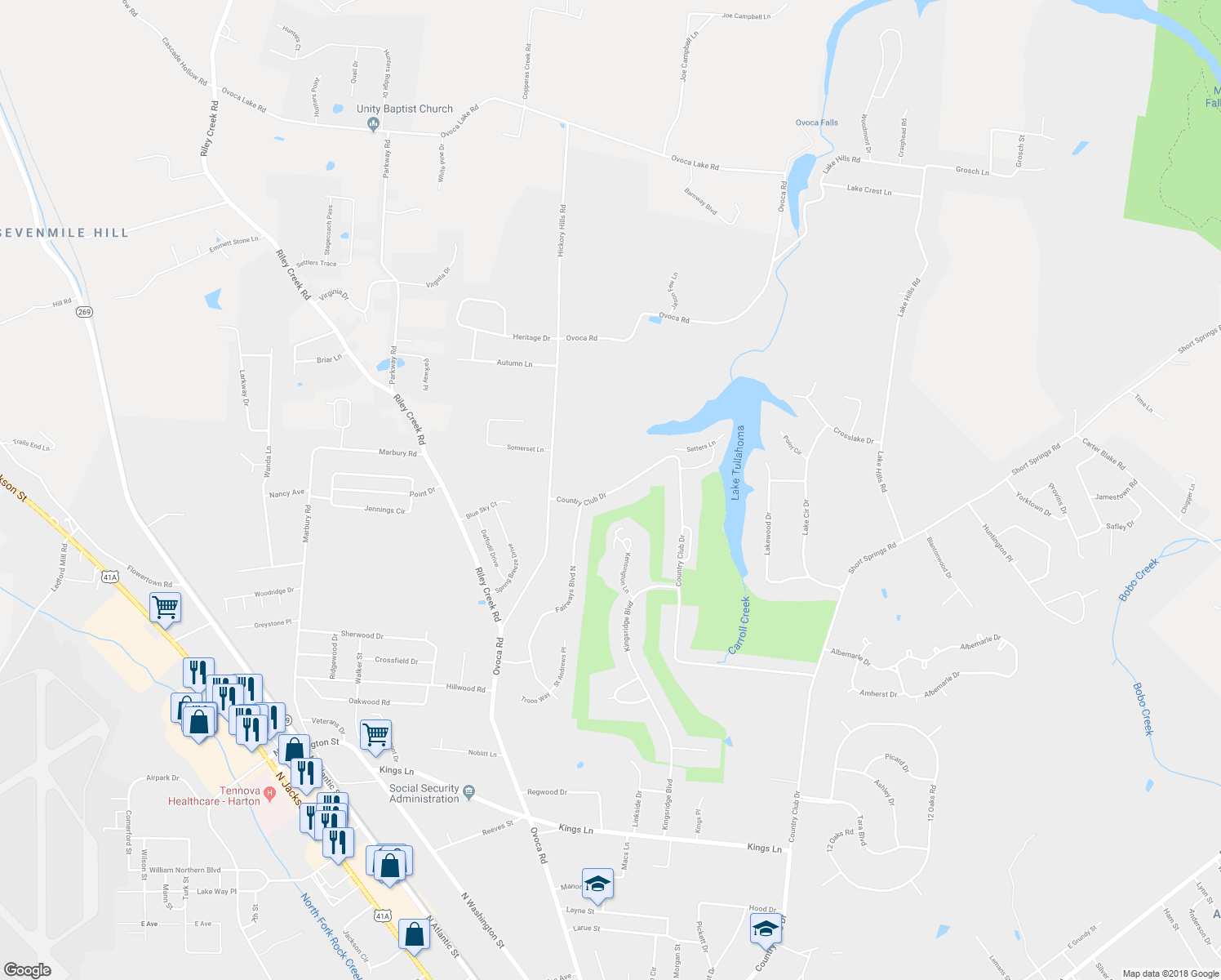 map of restaurants, bars, coffee shops, grocery stores, and more near 40 Spring Breeze Drive in Tullahoma