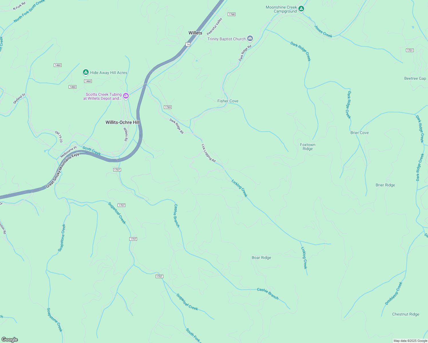 map of restaurants, bars, coffee shops, grocery stores, and more near 527 Lick Log Road in Sylva