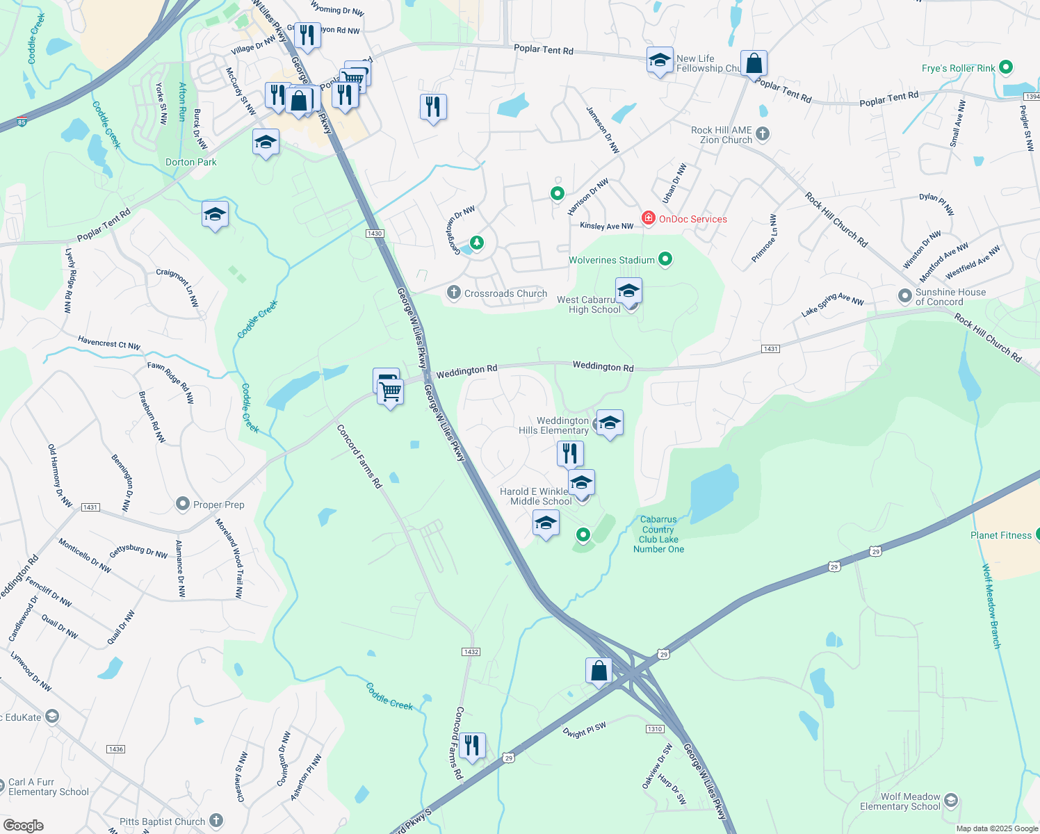 map of restaurants, bars, coffee shops, grocery stores, and more near 1317 Pennington Place Northwest in Concord
