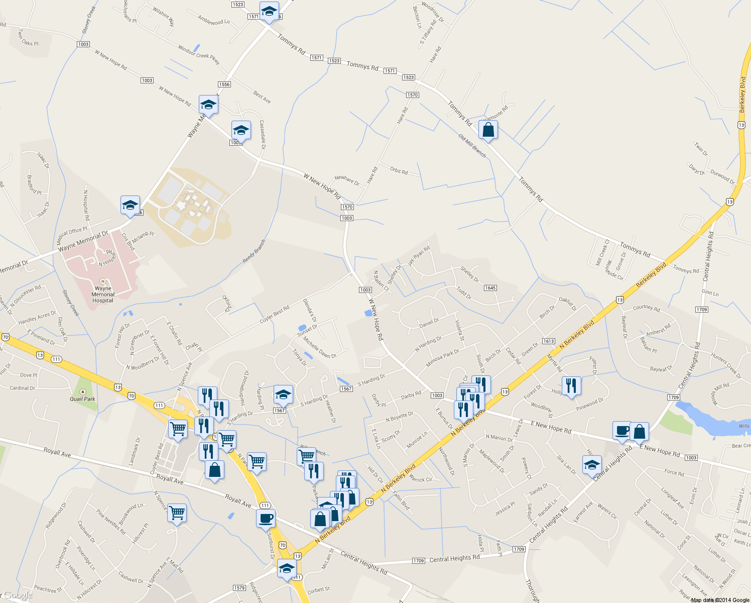 map of restaurants, bars, coffee shops, grocery stores, and more near 1107 Shelley Drive in Goldsboro