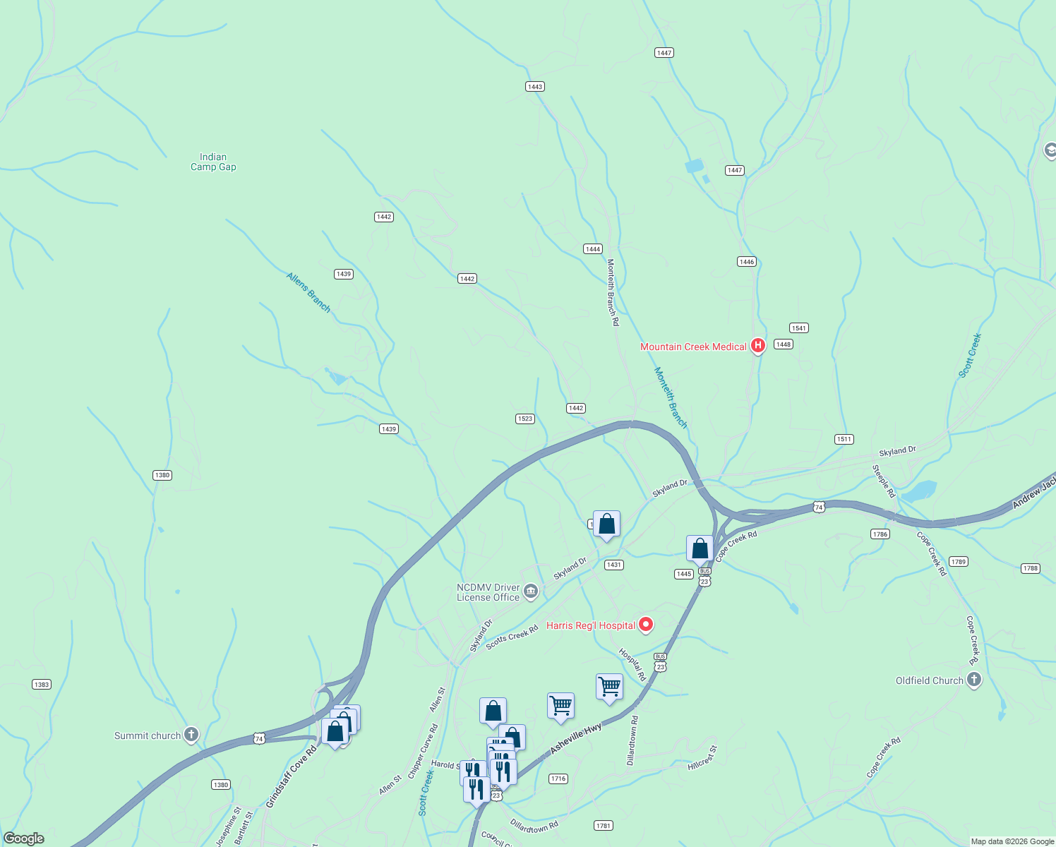 map of restaurants, bars, coffee shops, grocery stores, and more near State Road 1523 in Jackson County
