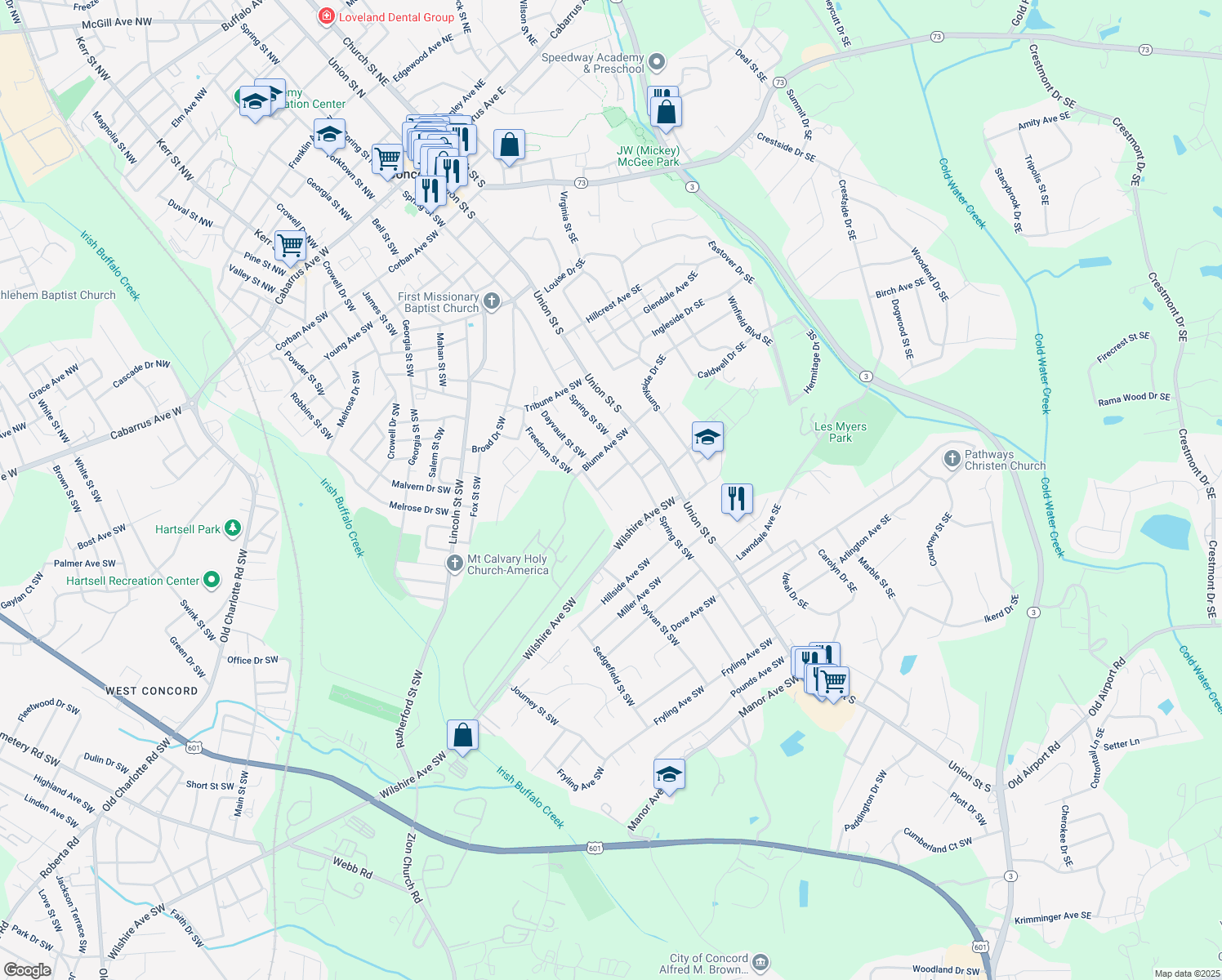 map of restaurants, bars, coffee shops, grocery stores, and more near 75 Myrtle Ave SW in Concord
