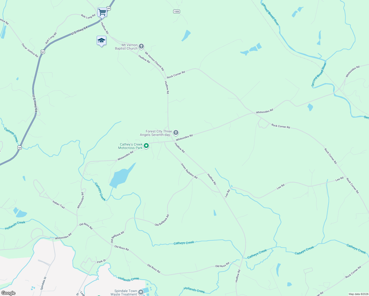 map of restaurants, bars, coffee shops, grocery stores, and more near 2130 Hudlow Road in Forest City