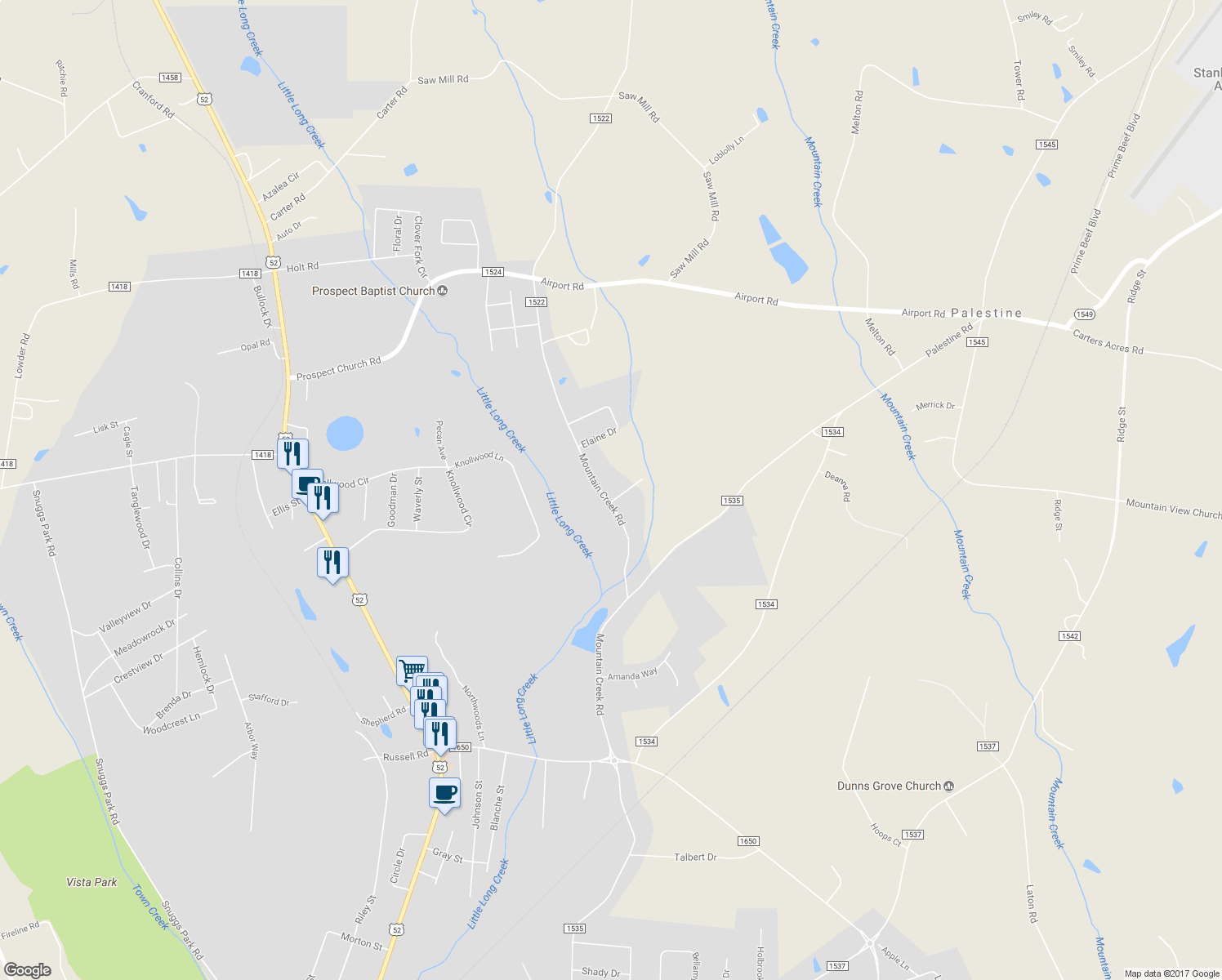 map of restaurants, bars, coffee shops, grocery stores, and more near 1524 Mountain Creek Road in Albemarle