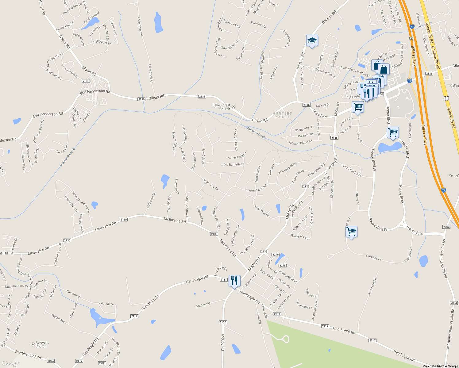 map of restaurants, bars, coffee shops, grocery stores, and more near 12508 Pecan Hill Court in Huntersville