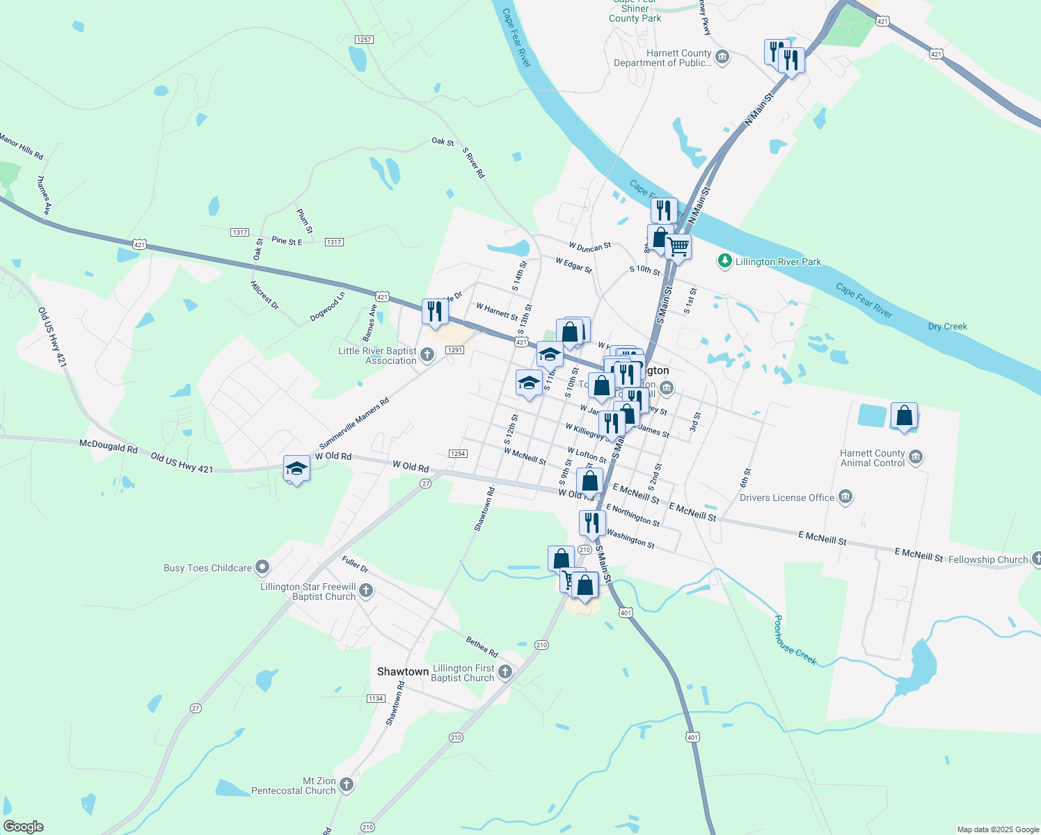 map of restaurants, bars, coffee shops, grocery stores, and more near 411 W Killiegrey St in Lillington