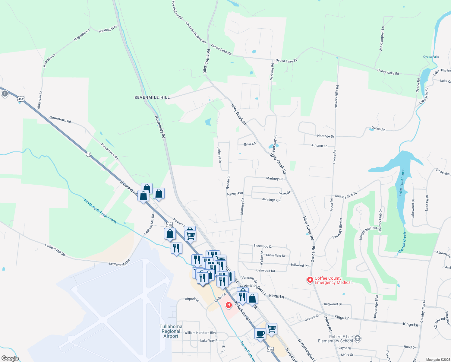 map of restaurants, bars, coffee shops, grocery stores, and more near 607 Wanda Ln in Tullahoma