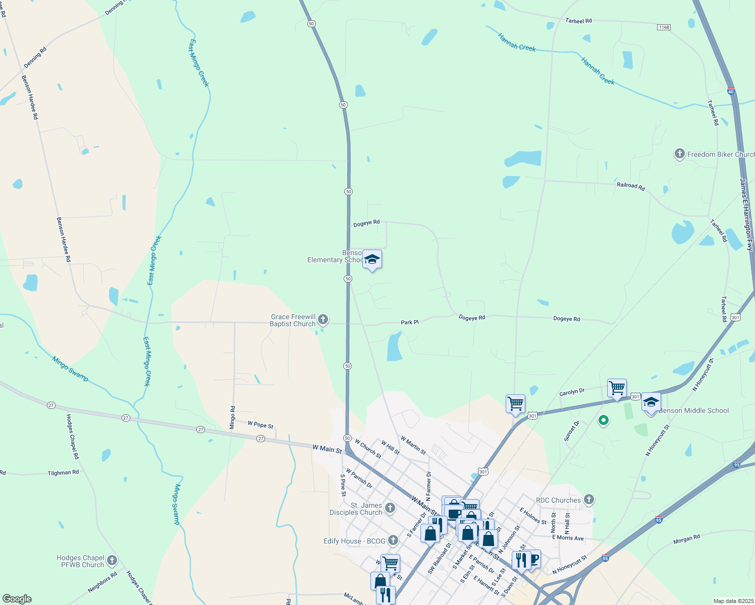 map of restaurants, bars, coffee shops, grocery stores, and more near 11 Atlantic Avenue in Benson
