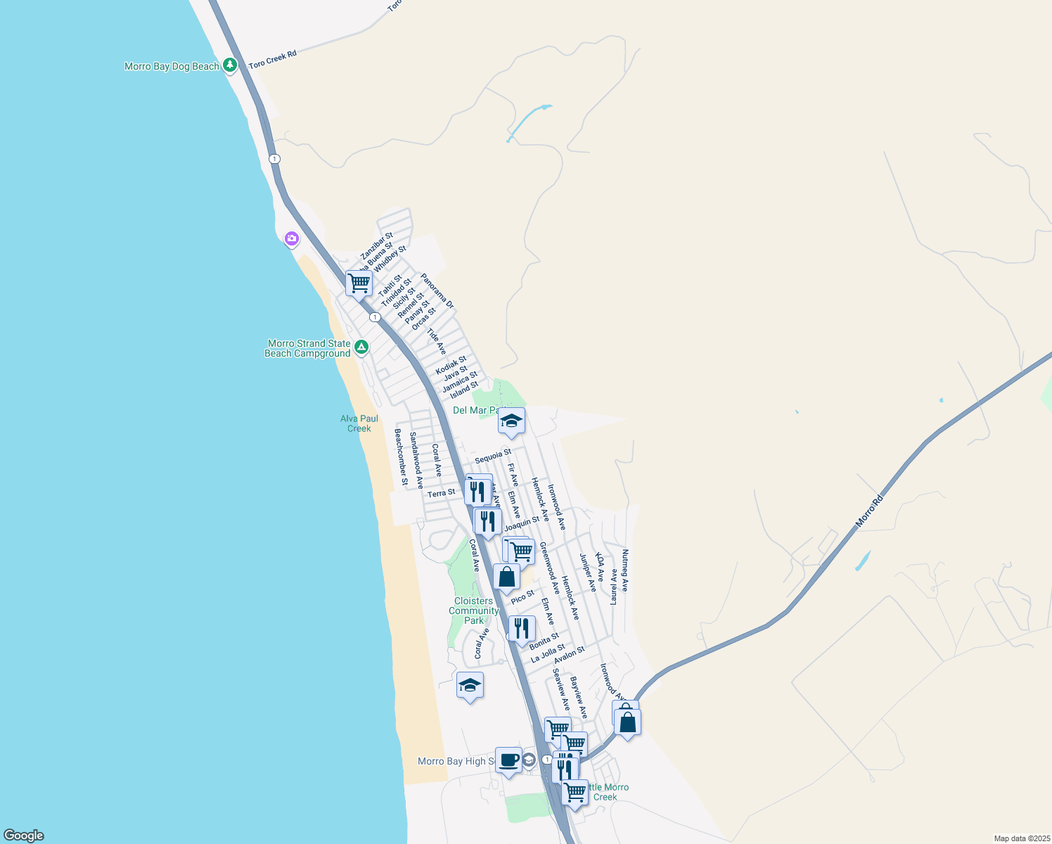 map of restaurants, bars, coffee shops, grocery stores, and more near 3020 Ironwood Avenue in Morro Bay
