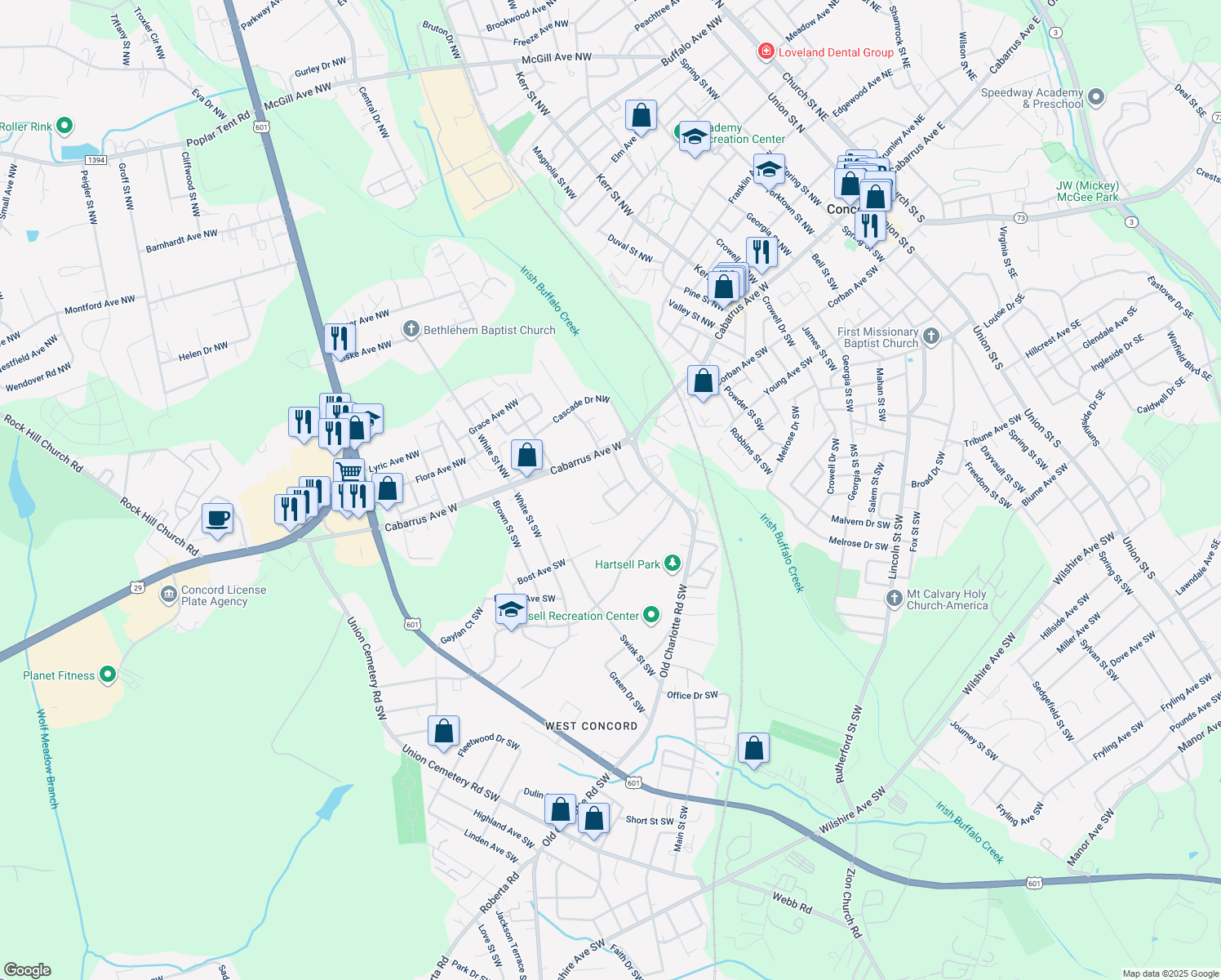 map of restaurants, bars, coffee shops, grocery stores, and more near Liberty Drive Southwest in Concord