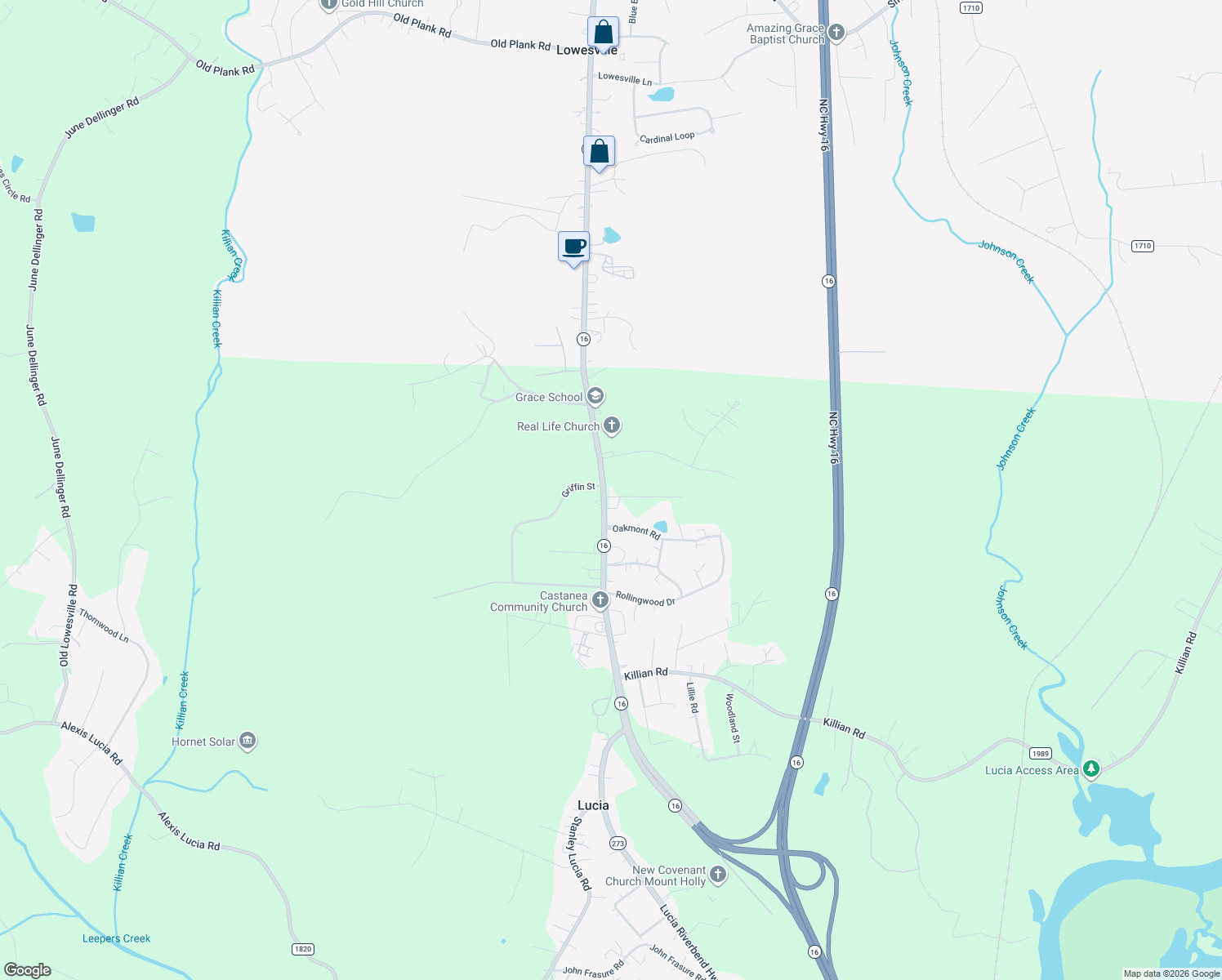 map of restaurants, bars, coffee shops, grocery stores, and more near 15402 Lucia Riverbend Highway in Stanley