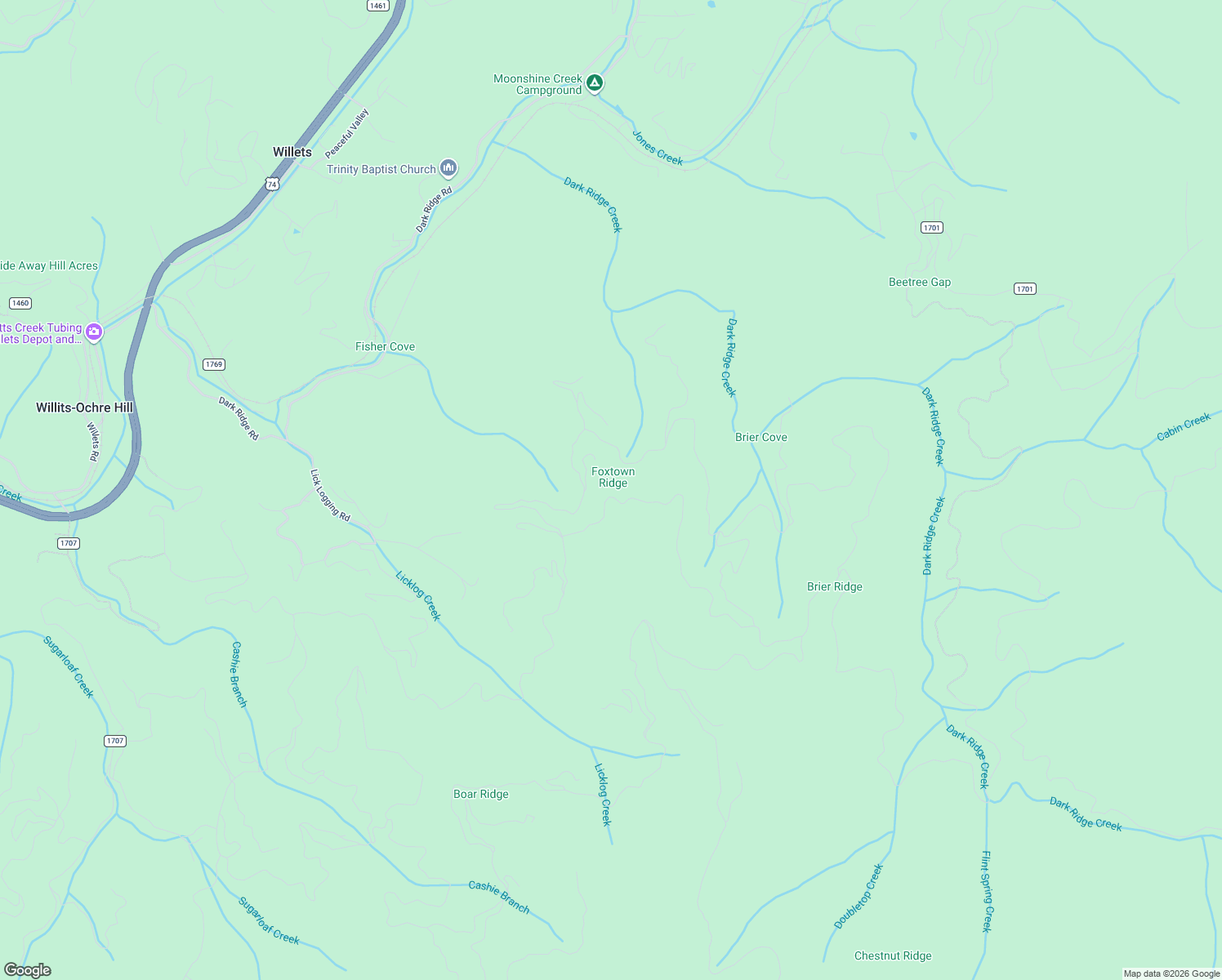 map of restaurants, bars, coffee shops, grocery stores, and more near 172 Blossom Road in Sylva