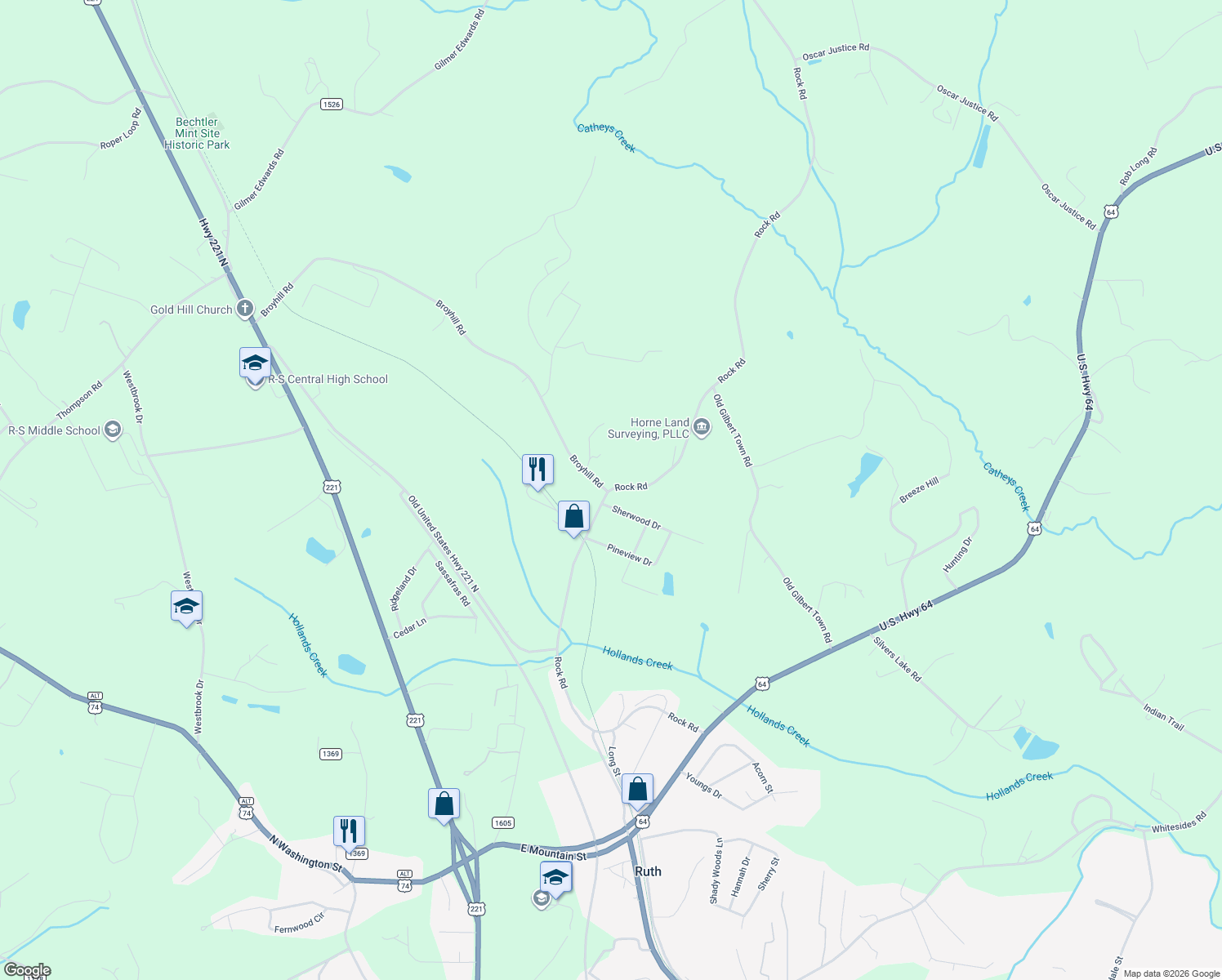 map of restaurants, bars, coffee shops, grocery stores, and more near 900 Rock Road in Rutherfordton