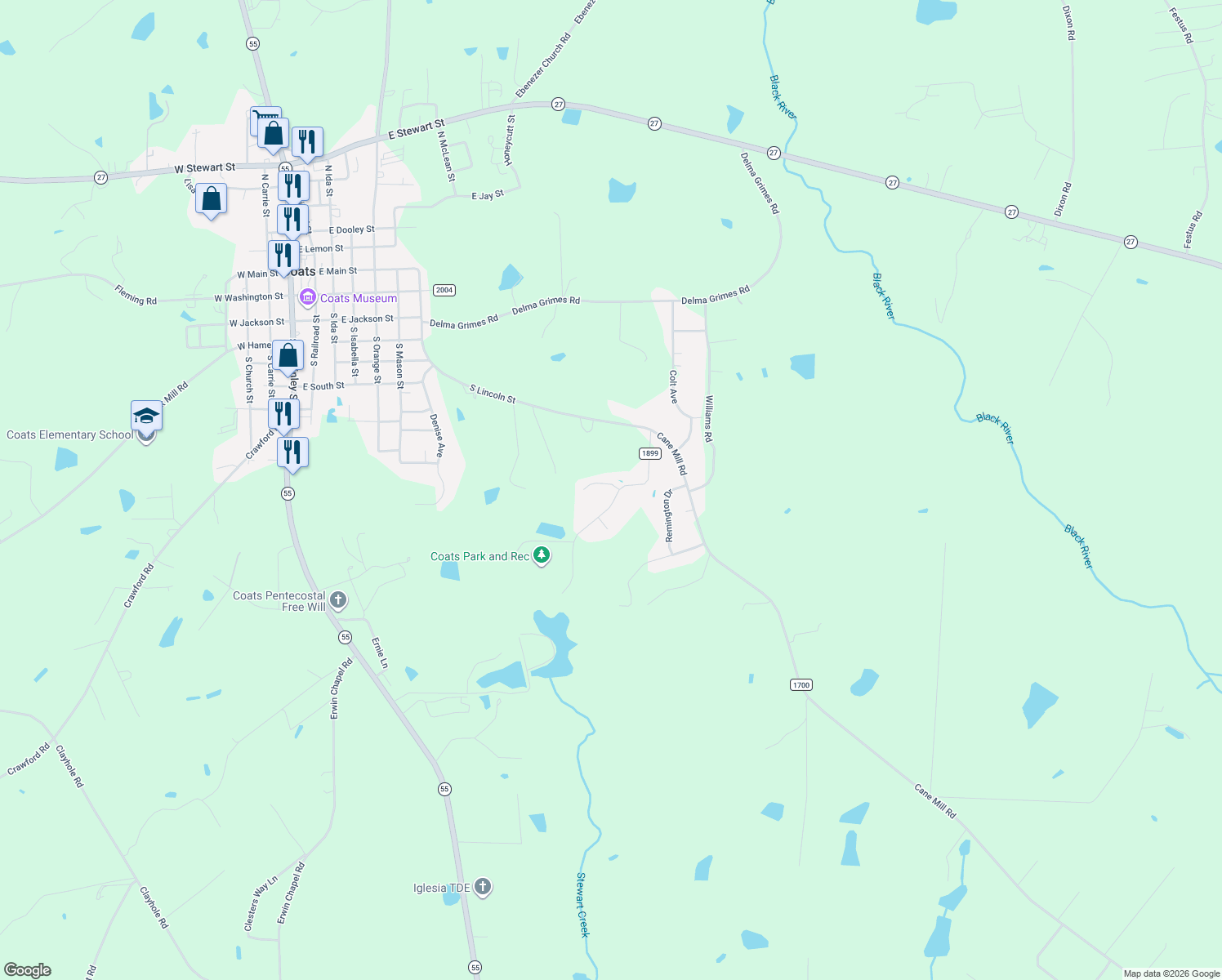 map of restaurants, bars, coffee shops, grocery stores, and more near 252 Park Ln in Coats