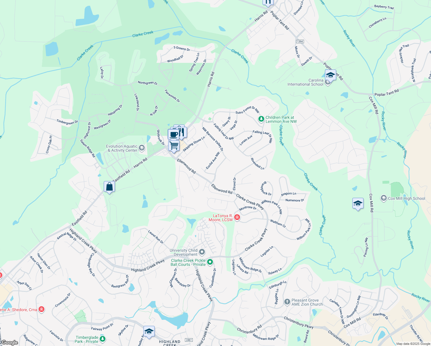 map of restaurants, bars, coffee shops, grocery stores, and more near 10636 NW Rippling Stream Dr in Concord