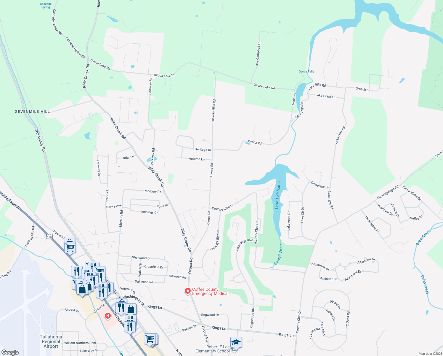 map of restaurants, bars, coffee shops, grocery stores, and more near 2228 Ovoca Road in Tullahoma