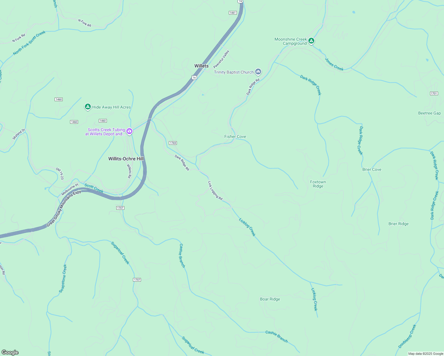 map of restaurants, bars, coffee shops, grocery stores, and more near 145 Lick Log Rd in Sylva