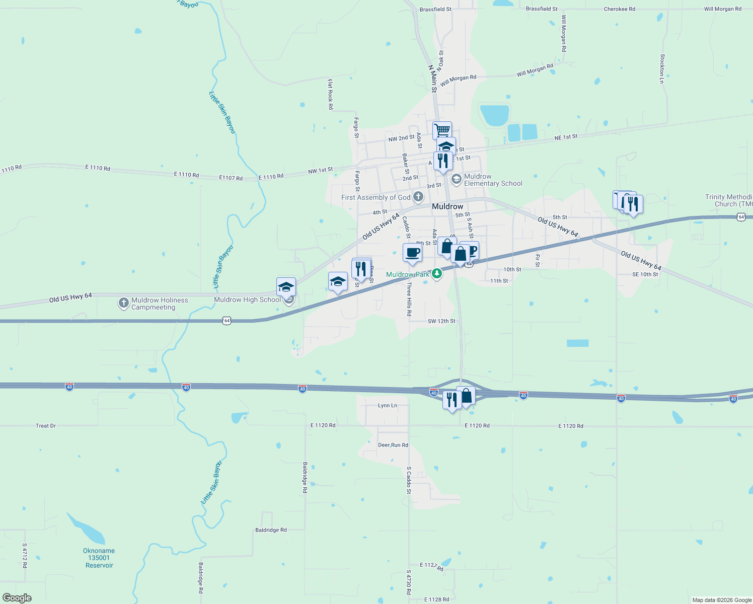 map of restaurants, bars, coffee shops, grocery stores, and more near 916 Cherry St in Muldrow