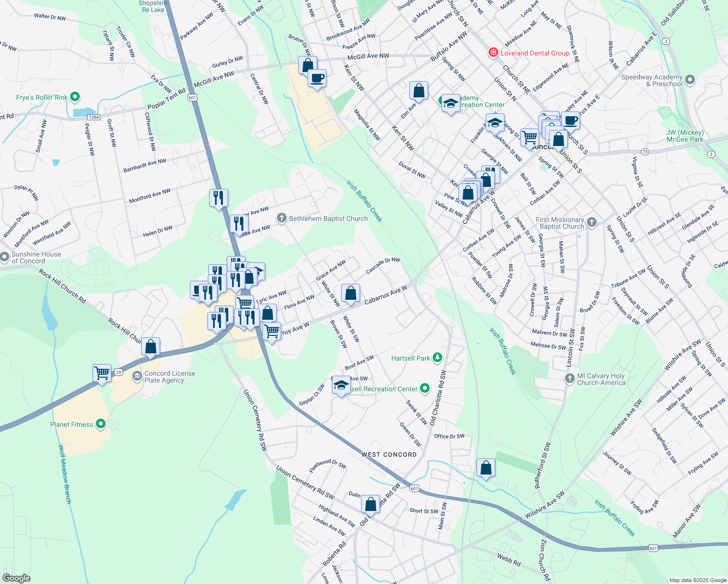 map of restaurants, bars, coffee shops, grocery stores, and more near 204 Andrews Street Northwest in Concord