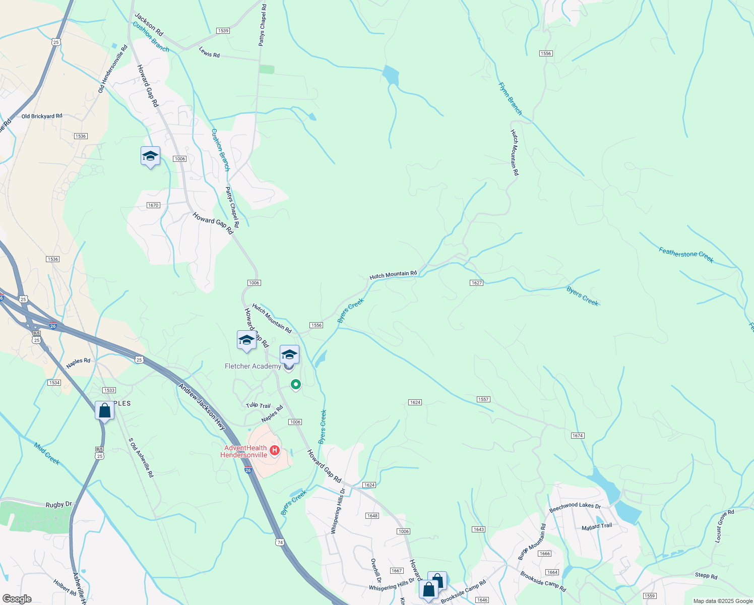map of restaurants, bars, coffee shops, grocery stores, and more near 175 North Amble Lane in Fletcher