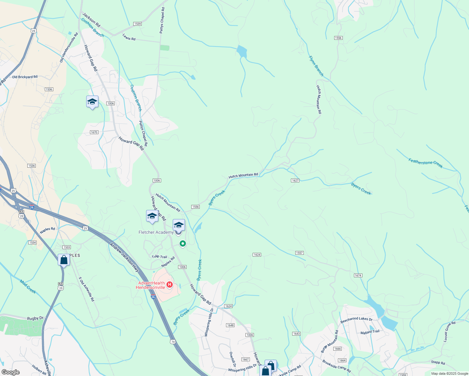 map of restaurants, bars, coffee shops, grocery stores, and more near 175 North Amble Lane in Fletcher