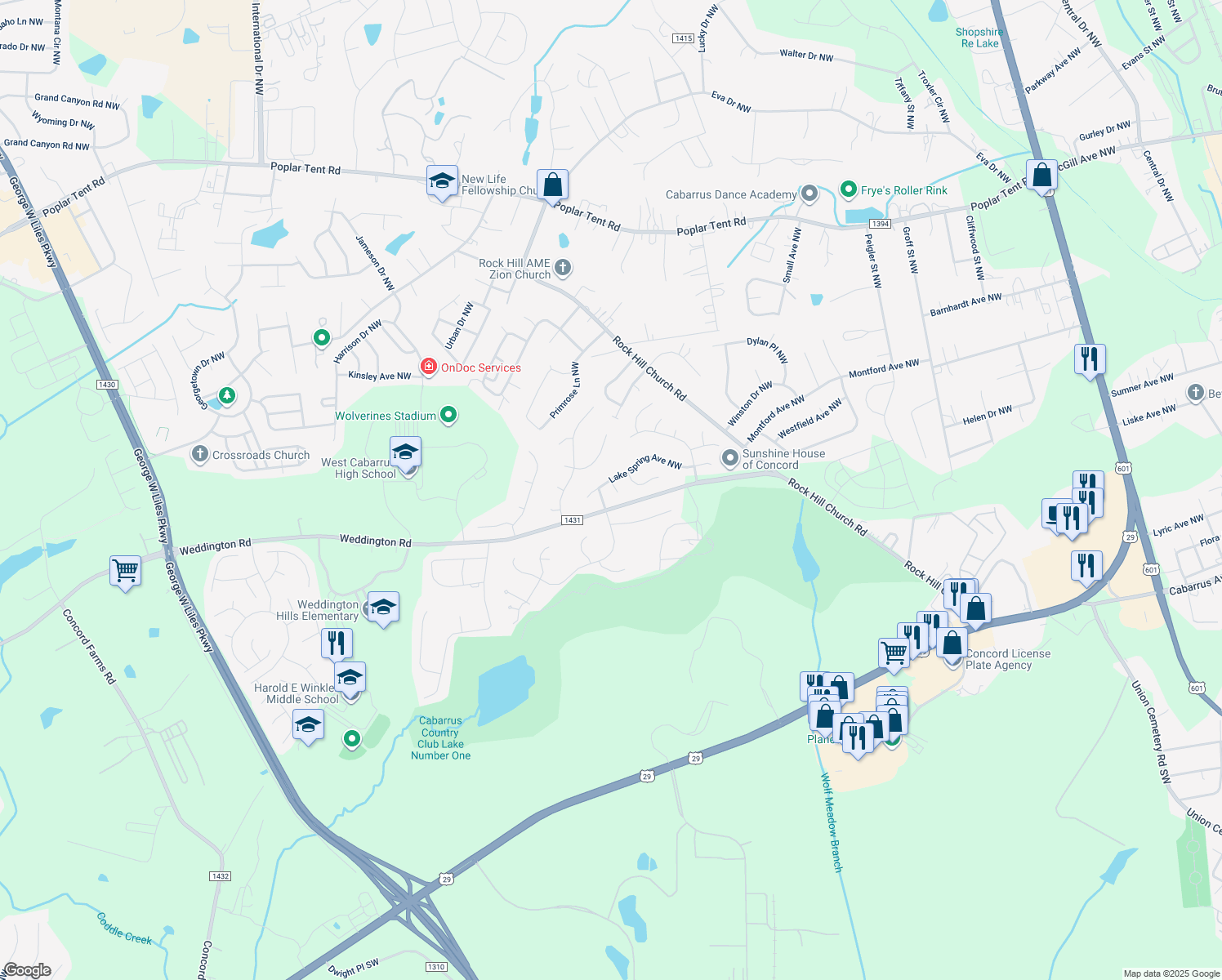 map of restaurants, bars, coffee shops, grocery stores, and more near 1078 Avondale Place Northwest in Concord