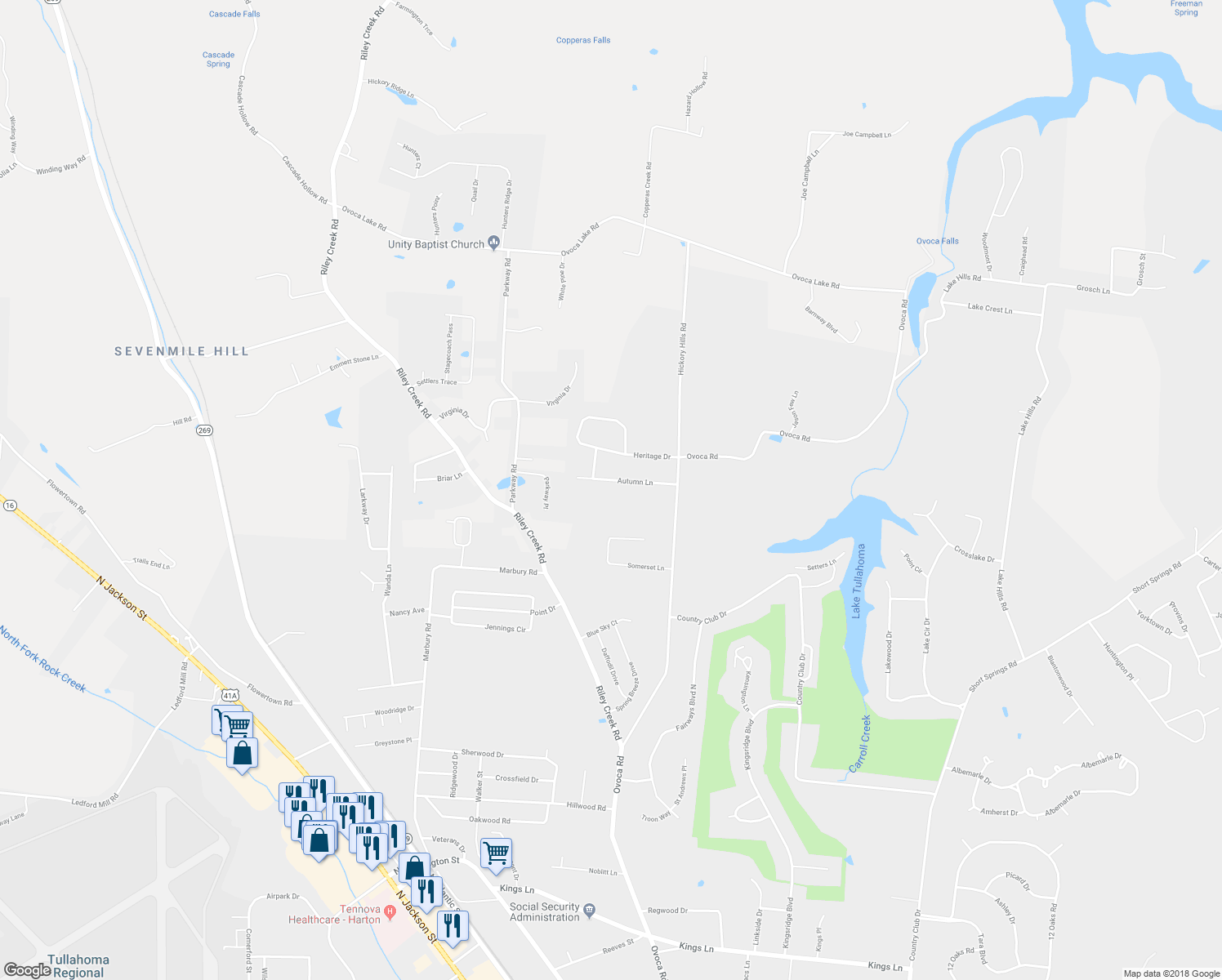 map of restaurants, bars, coffee shops, grocery stores, and more near 115 Autumn Lane in Tullahoma