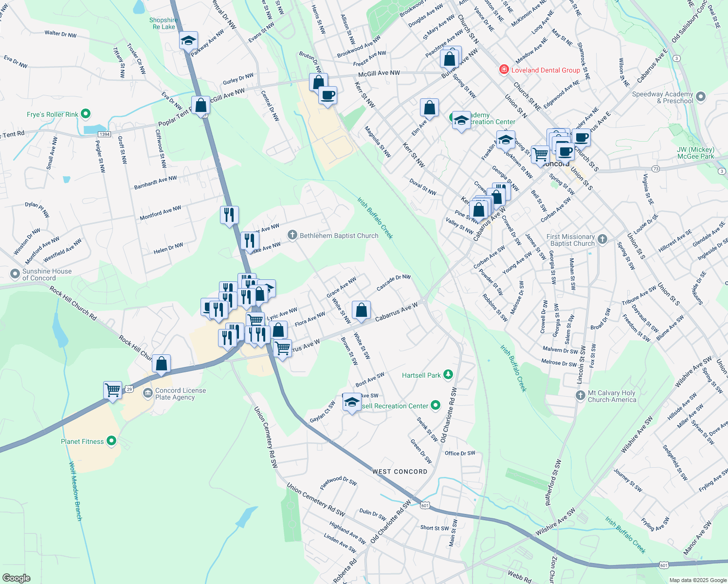 map of restaurants, bars, coffee shops, grocery stores, and more near 305 Prior Dr NW in Concord