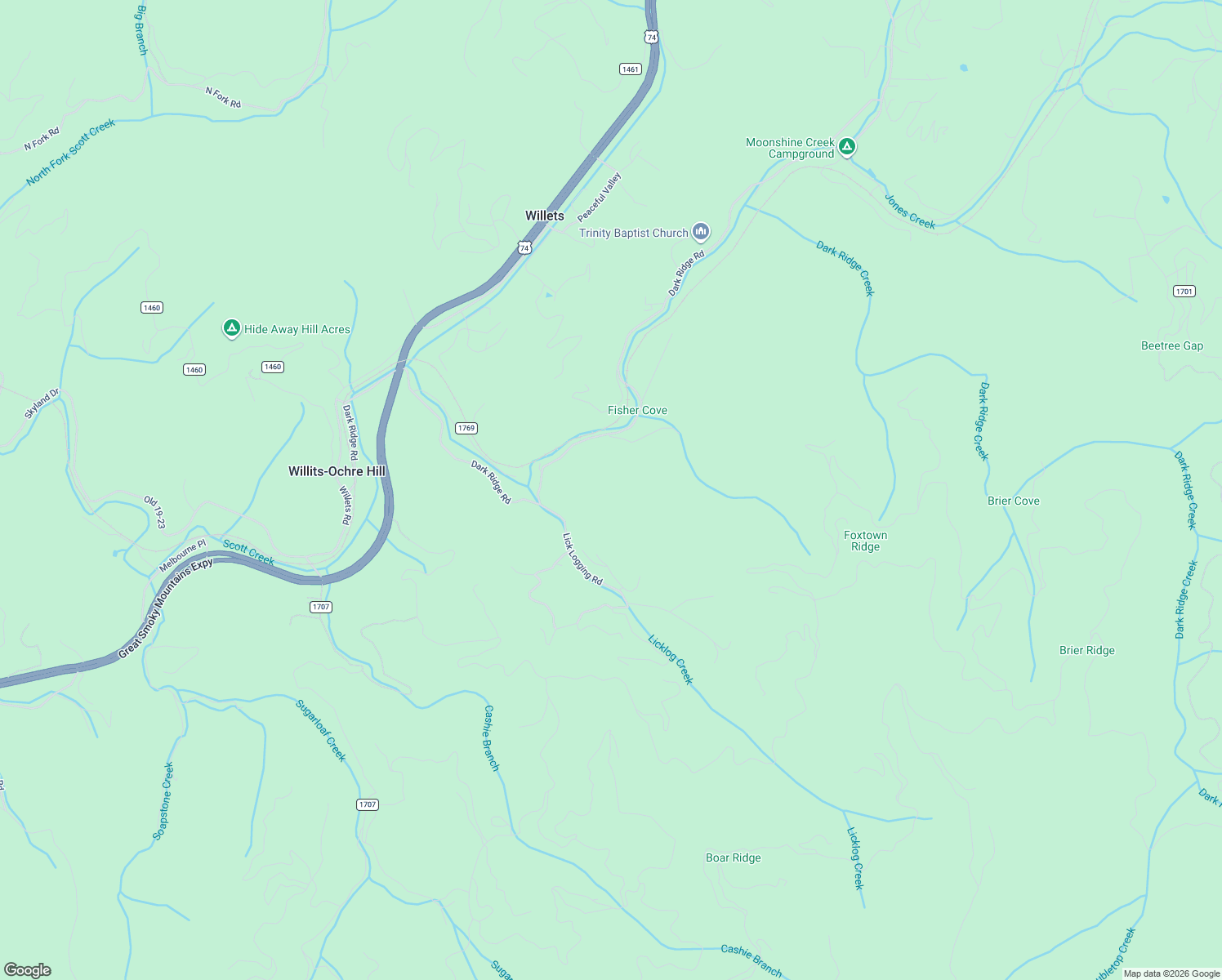 map of restaurants, bars, coffee shops, grocery stores, and more near 1158 Dark Ridge Road in Sylva