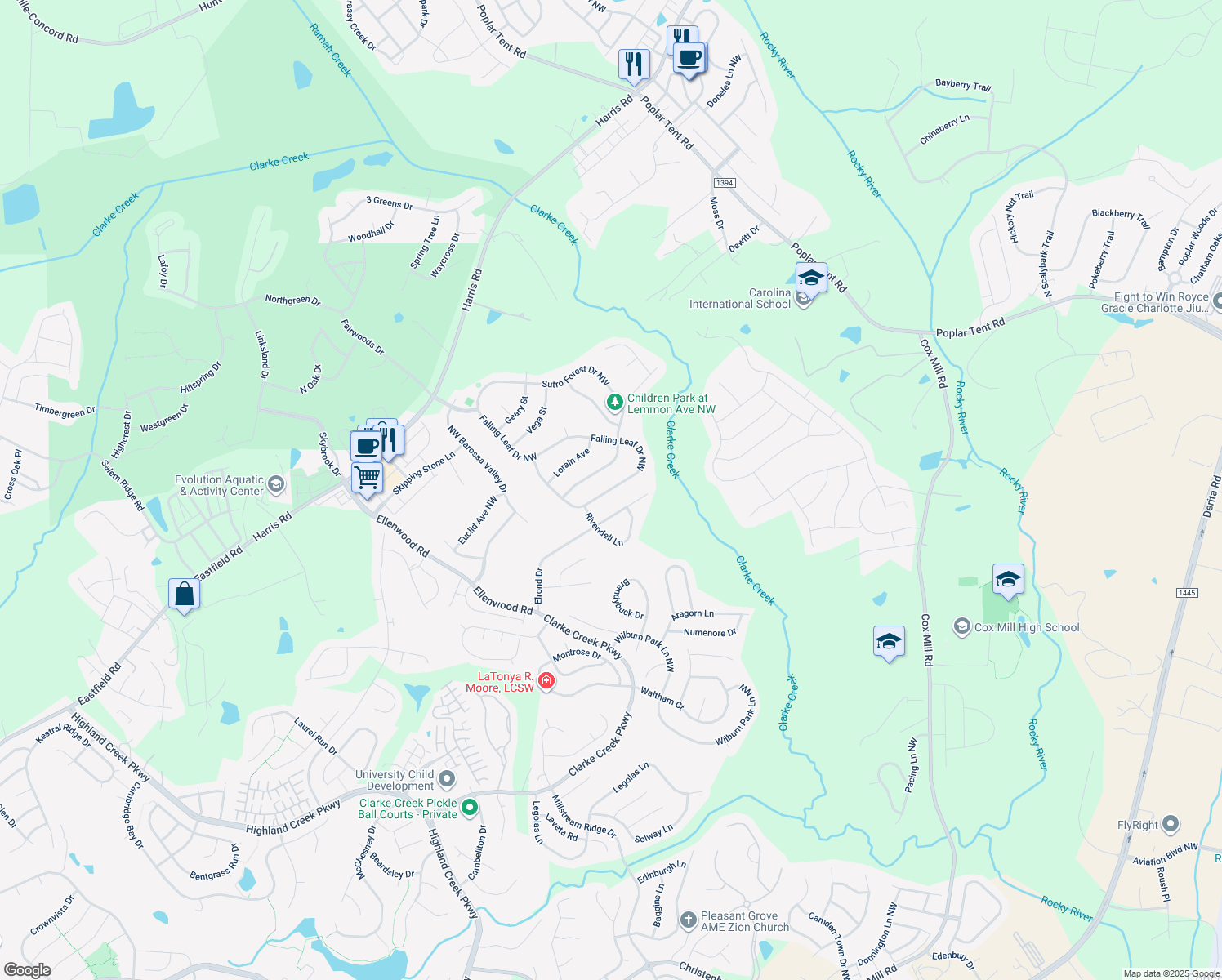 map of restaurants, bars, coffee shops, grocery stores, and more near 10230 Falling Leaf Drive Northwest in Charlotte