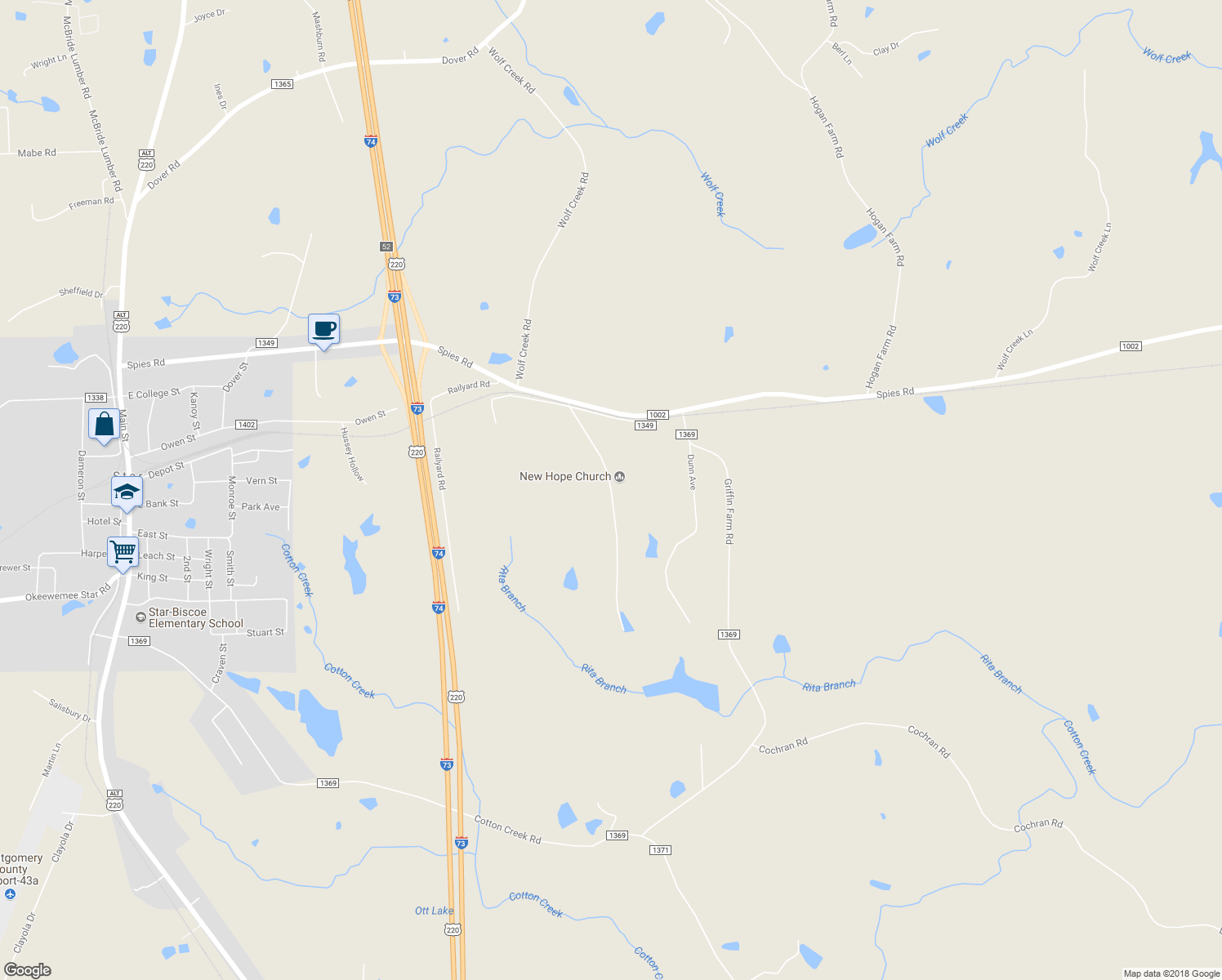 map of restaurants, bars, coffee shops, grocery stores, and more near 180 New Hope Church Road in Star